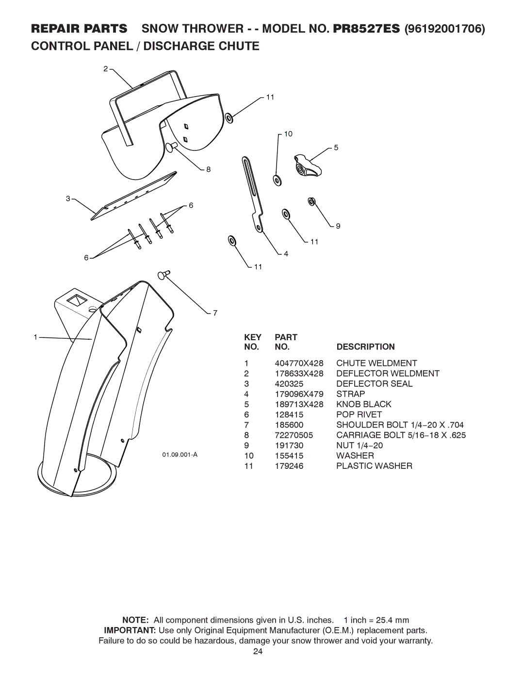 Poulan 96192001706, 421899 Chute Weldment, Deflector Weldment, Deflector Seal, Strap, Knob Black, POP Rivet, Washer 