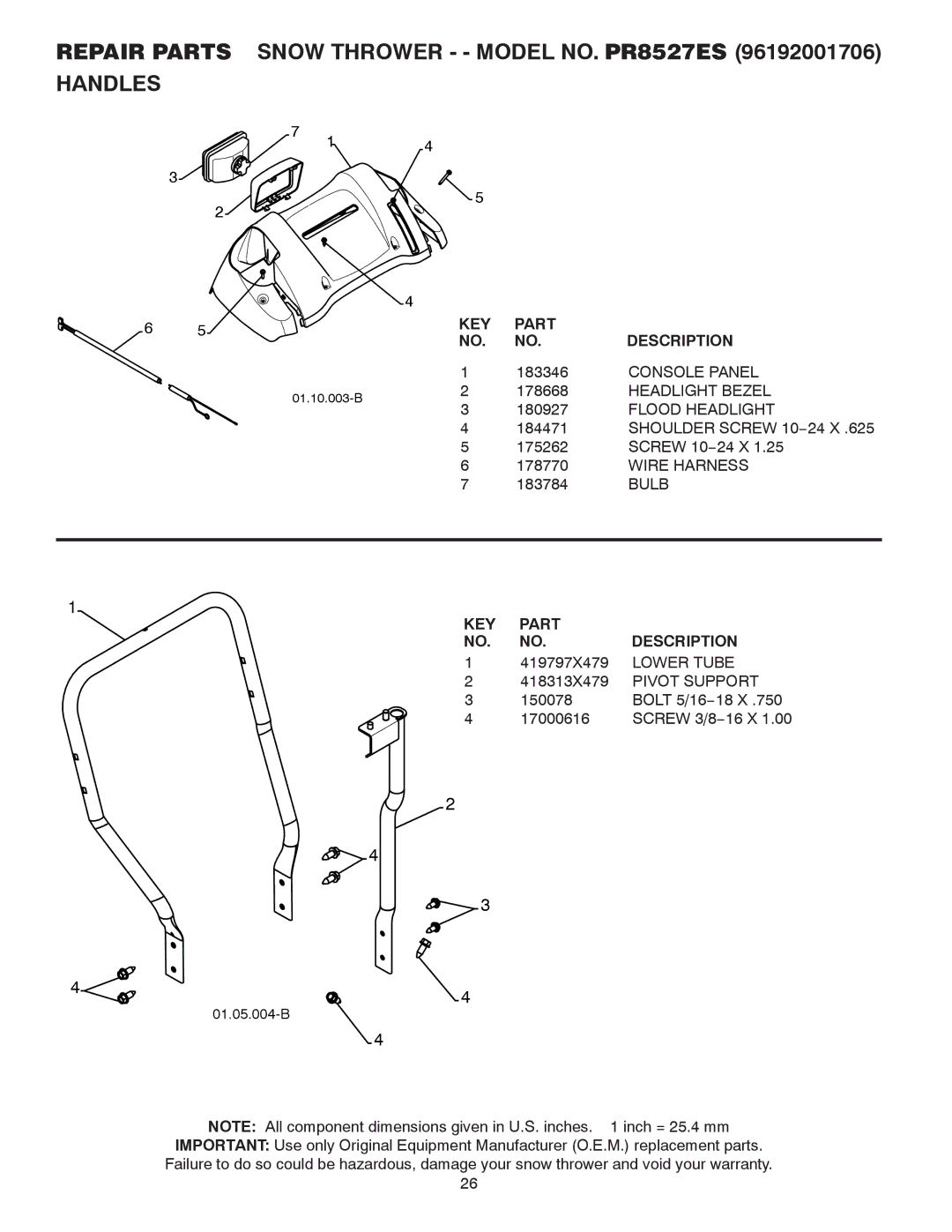 Poulan 96192001706, 421899 owner manual Repair Parts Snow Thrower - Model NO. PR8527ES Handles 