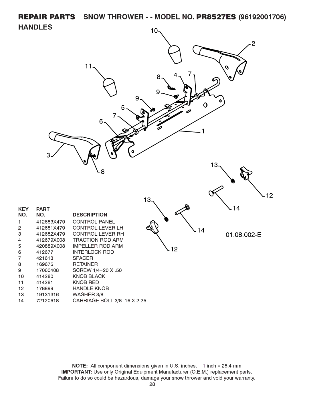 Poulan 96192001706, 421899 owner manual Repair Parts Snow Thrower - Model NO. PR8527ES 