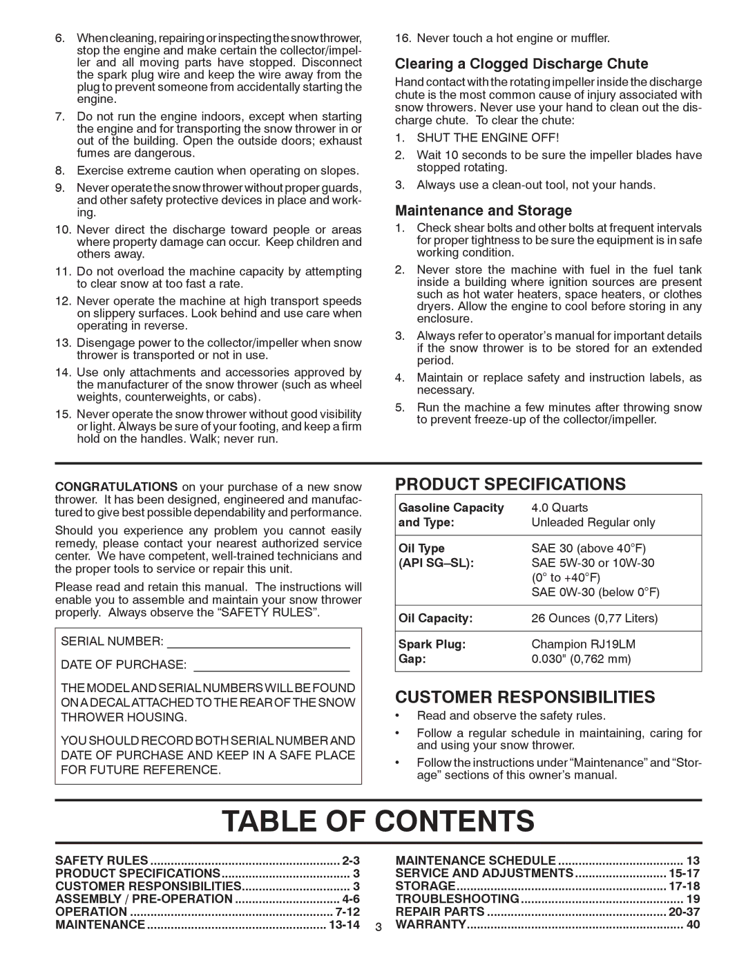 Poulan 421899, 96192001706 owner manual Table of Contents 