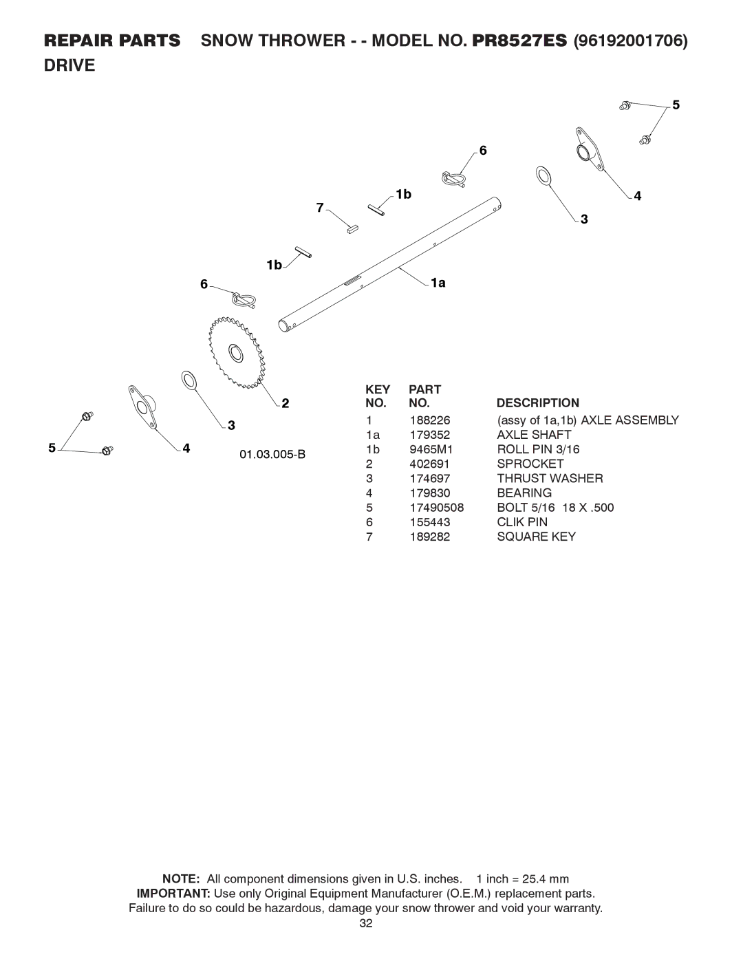 Poulan 96192001706, 421899 owner manual Axle Shaft, Roll PIN 3/16, Sprocket, Clik PIN 