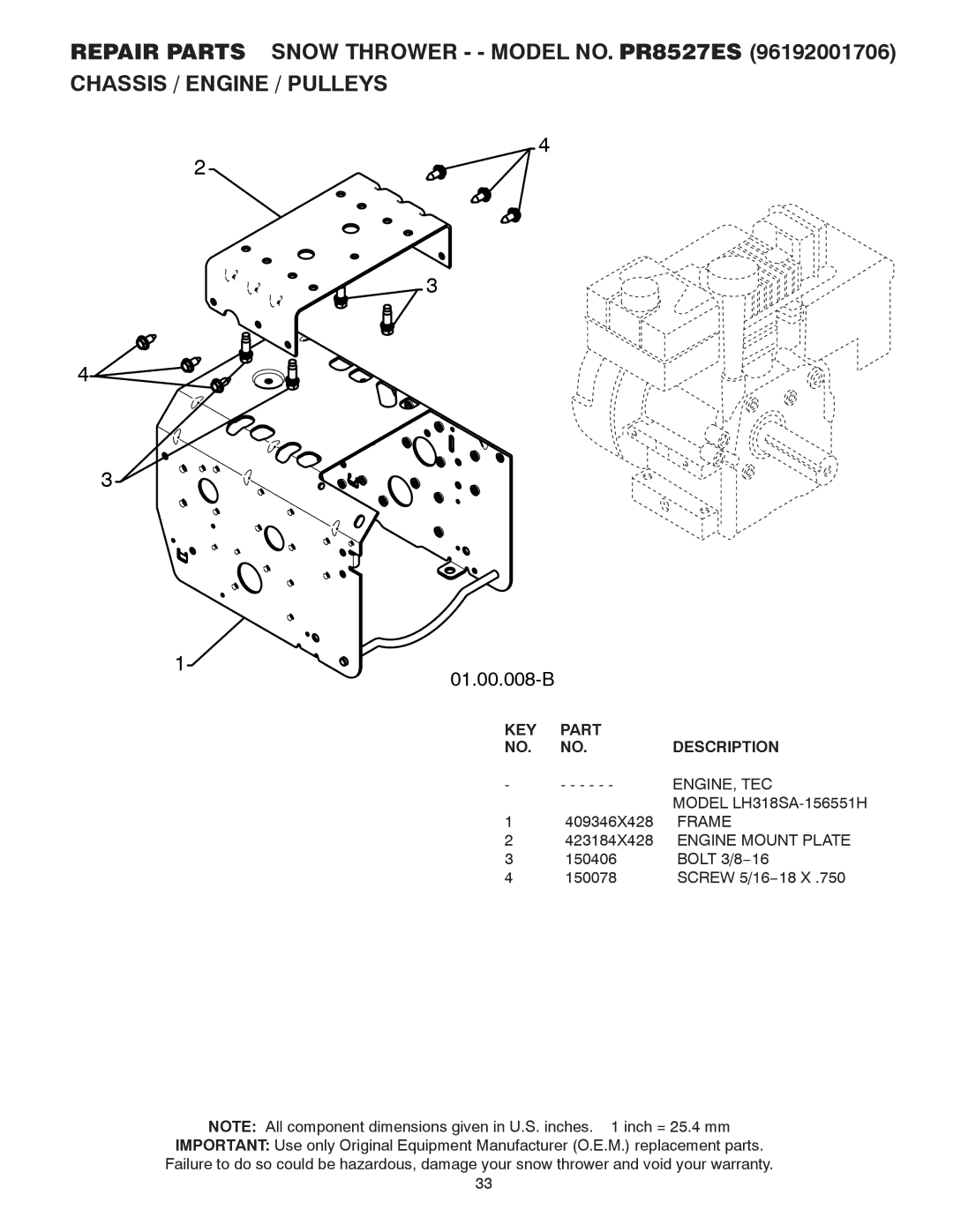 Poulan 421899, 96192001706 owner manual Engine, Tec, Frame, Engine Mount Plate 