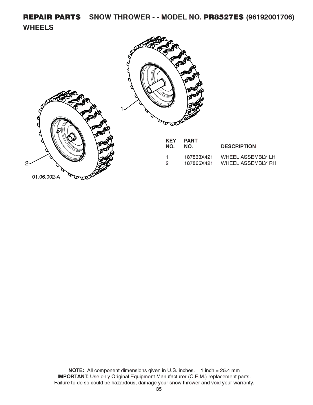 Poulan 421899 owner manual Repair Parts Snow Thrower - Model NO. PR8527ES Wheels, 187833X421, Wheel Assembly LH, 187865X421 