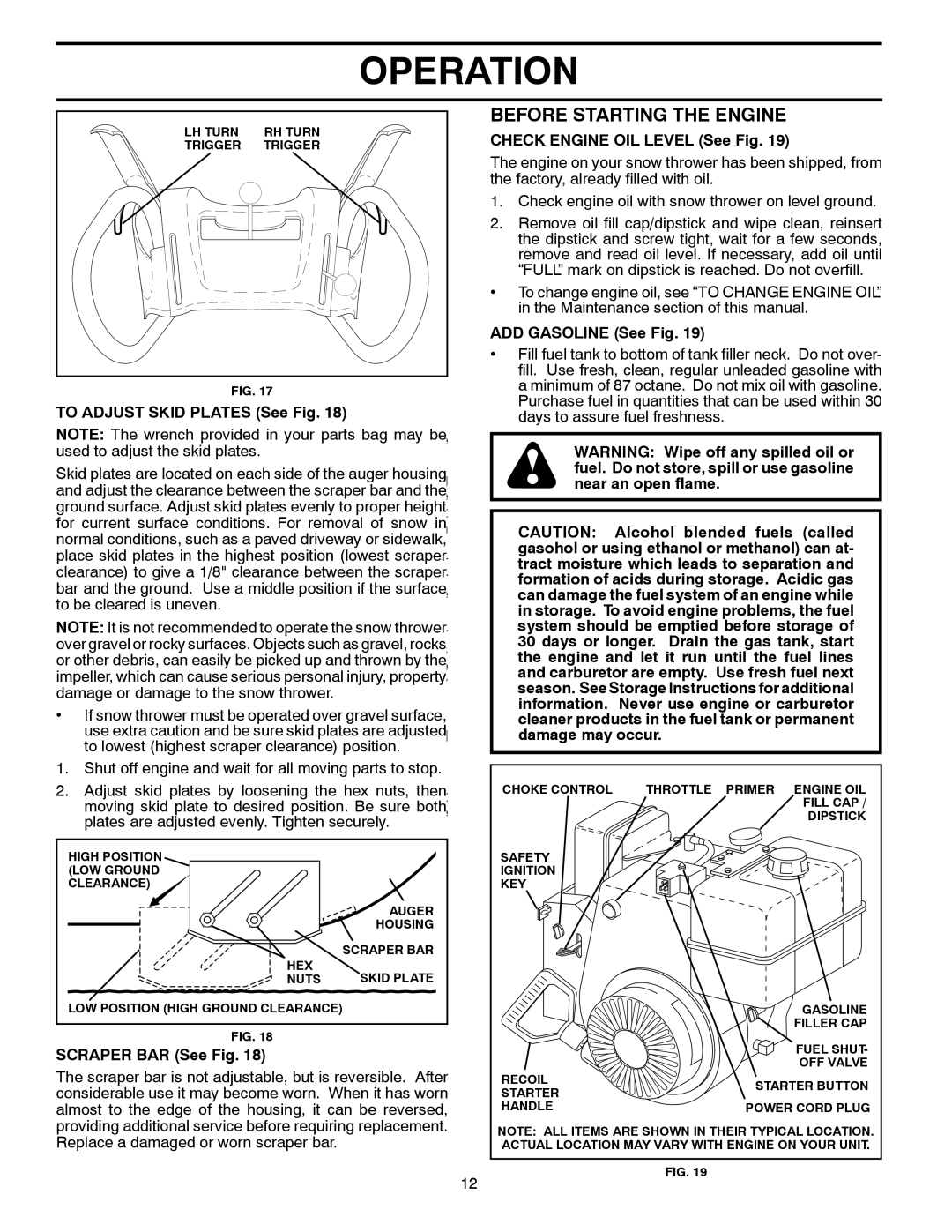 Poulan 96192001803 owner manual Before Starting the Engine, To Adjust Skid Plates See Fig, Check Engine OIL Level See Fig 