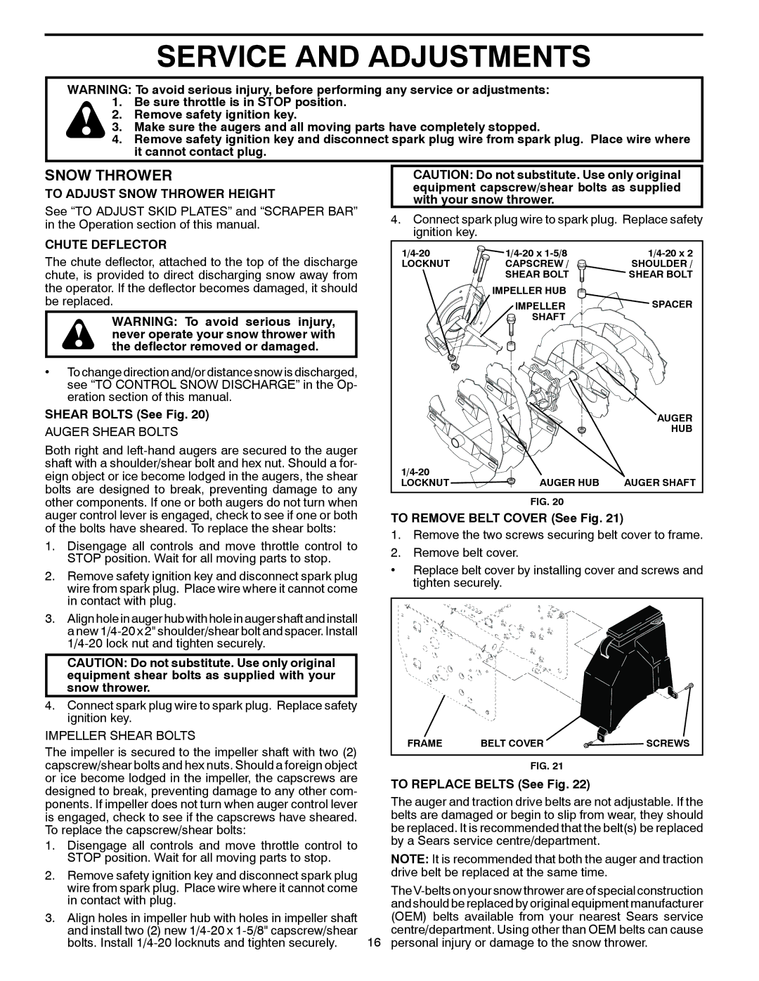 Poulan 96192001803 owner manual Service and Adjustments, To Adjust Snow Thrower Height, Chute Deflector 