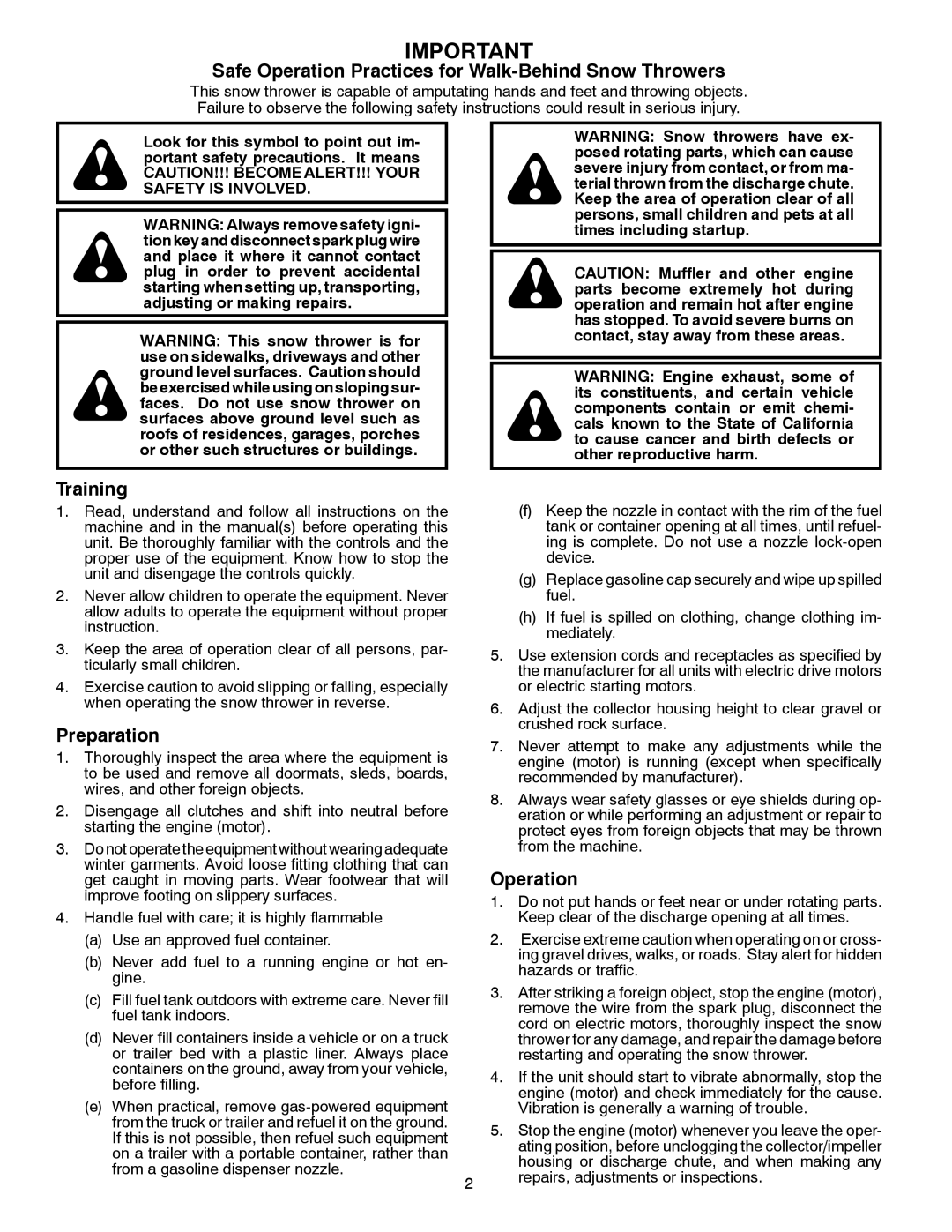 Poulan 96192001803 owner manual Safe Operation Practices for Walk-Behind Snow Throwers 