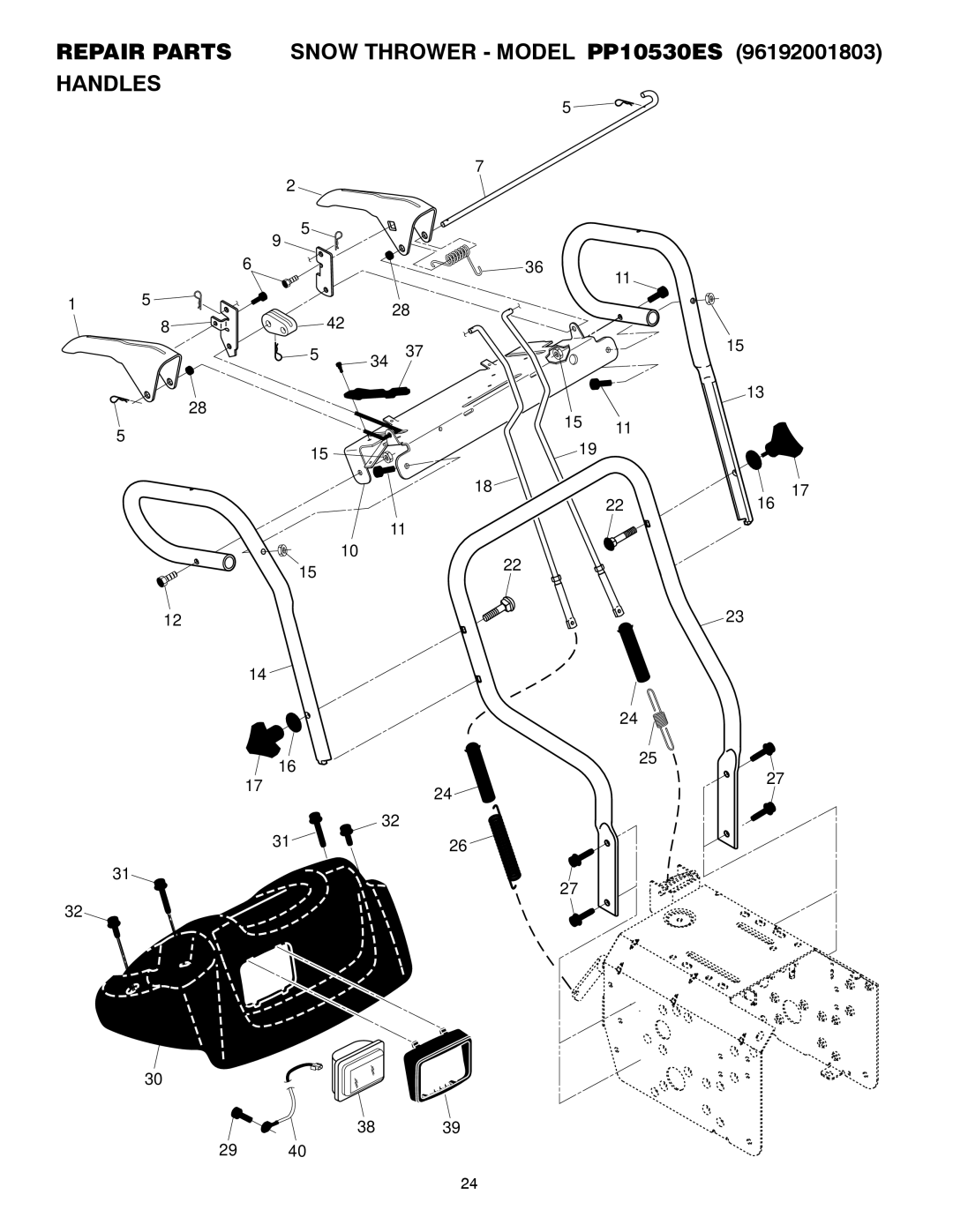 Poulan 96192001803 owner manual Repair Parts Snow Thrower Model PP10530ES Handles 