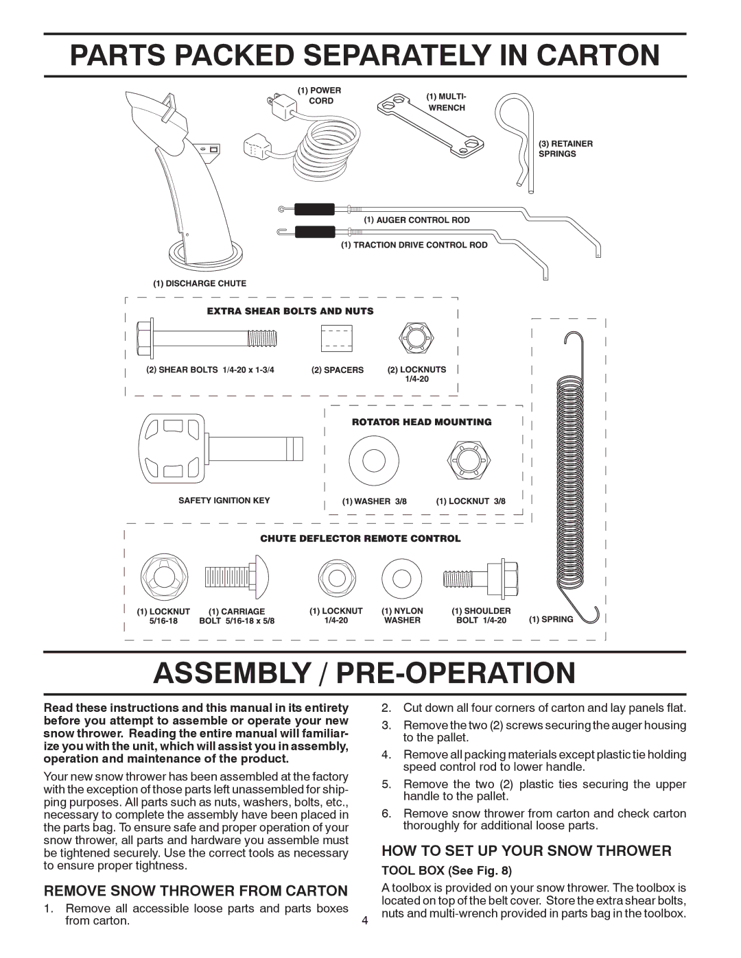 Poulan 96192001803 owner manual Parts Packed Separately in Carton Assembly / PRE-OPERATION, HOW to SET UP Your Snow Thrower 