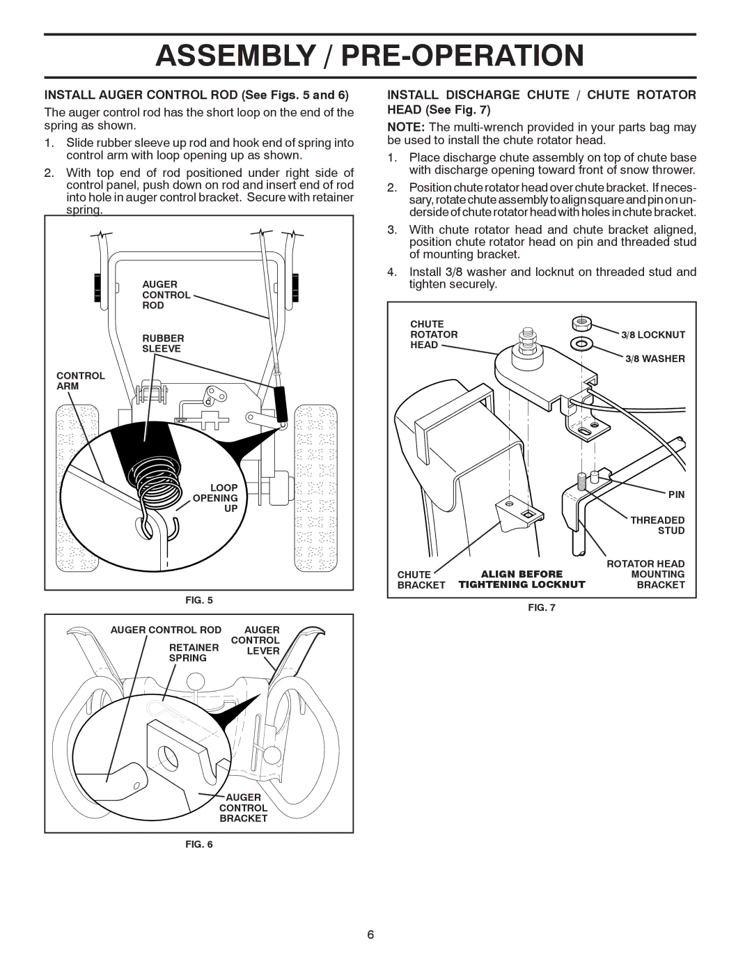 Poulan 96192001803 owner manual Install Auger Control ROD See Figs, Install Discharge Chute / Chute Rotator Head See Fig 