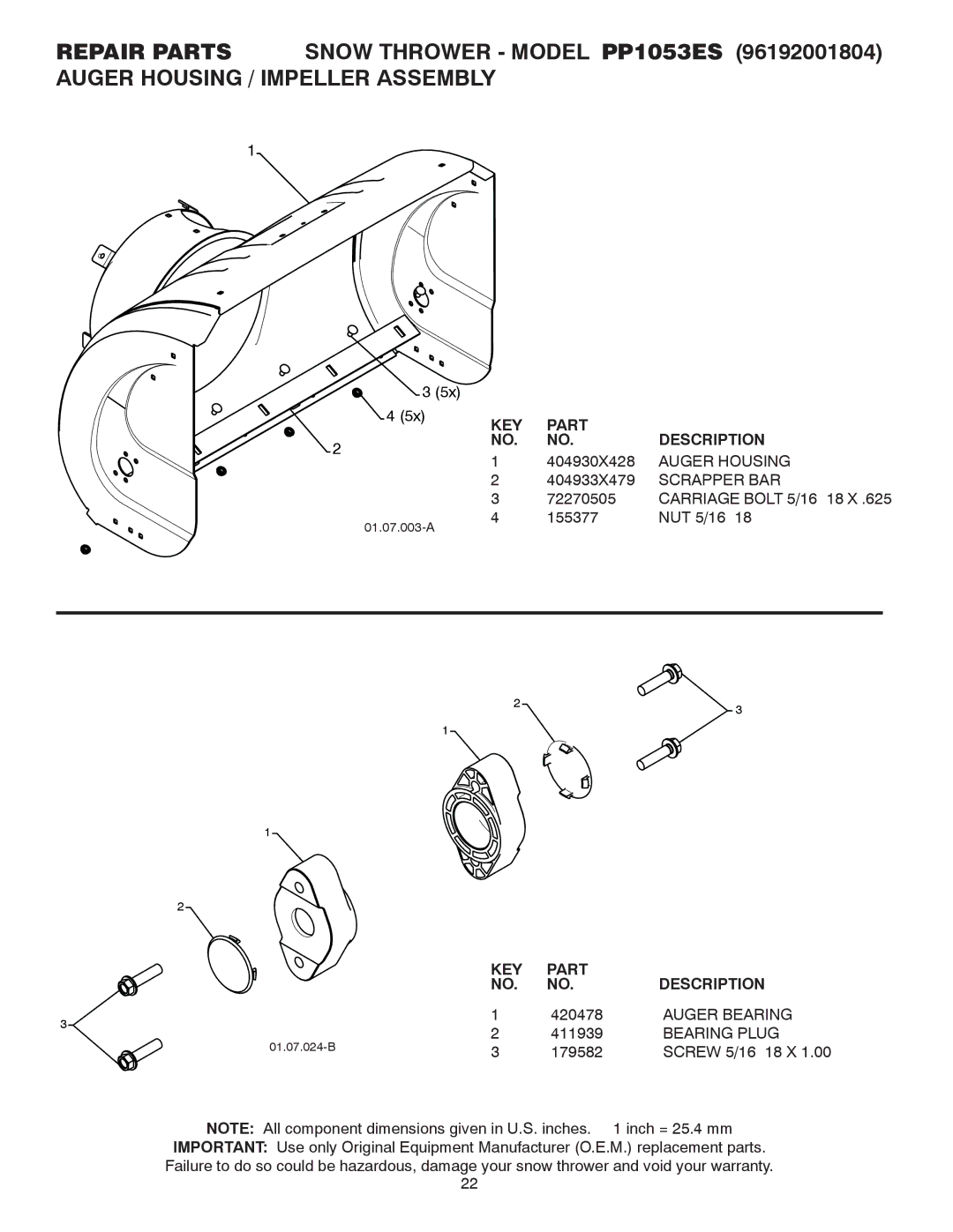 Poulan 96192001804, 421918 owner manual Auger Housing, Scrapper BAR, Auger Bearing, Bearing Plug 