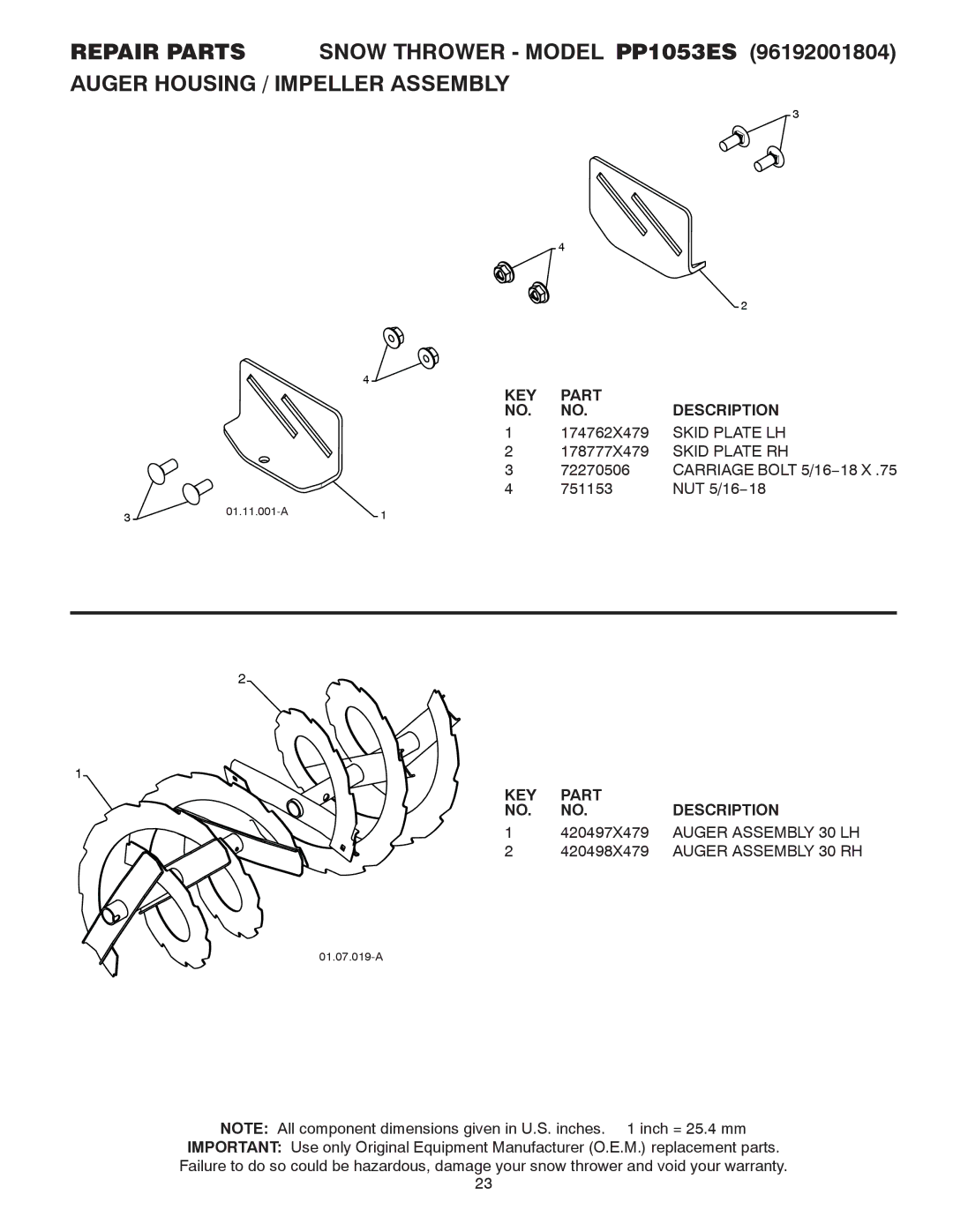 Poulan 421918, 96192001804 owner manual Auger Assembly 30 LH, Auger Assembly 30 RH 