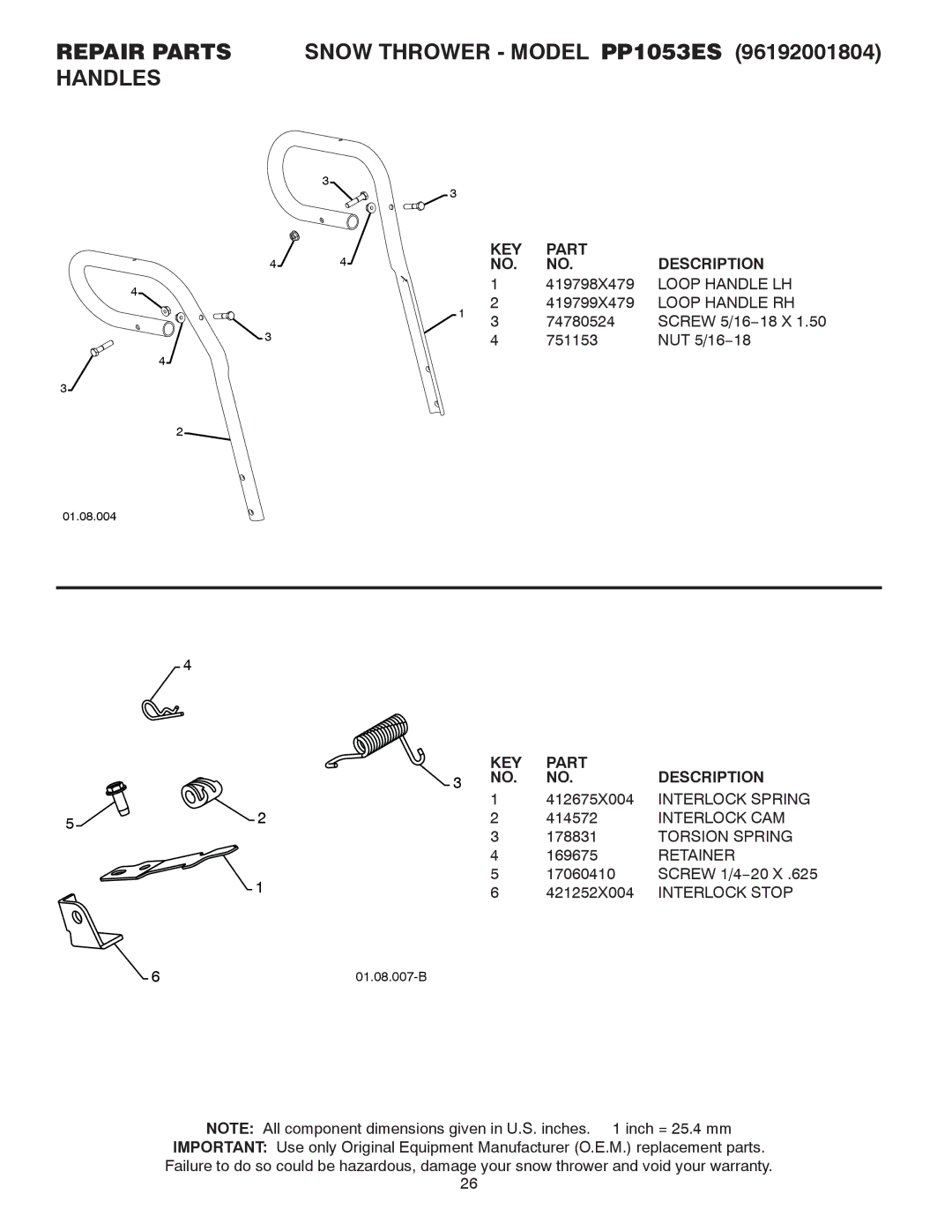 Poulan 96192001804, 421918 owner manual Repair Parts Snow Thrower Model PP1053ES Handles 