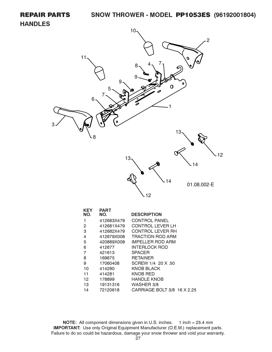 Poulan 421918, 96192001804 owner manual Repair Parts, Spacer, Knob RED, Handle Knob, Washer 3/8 