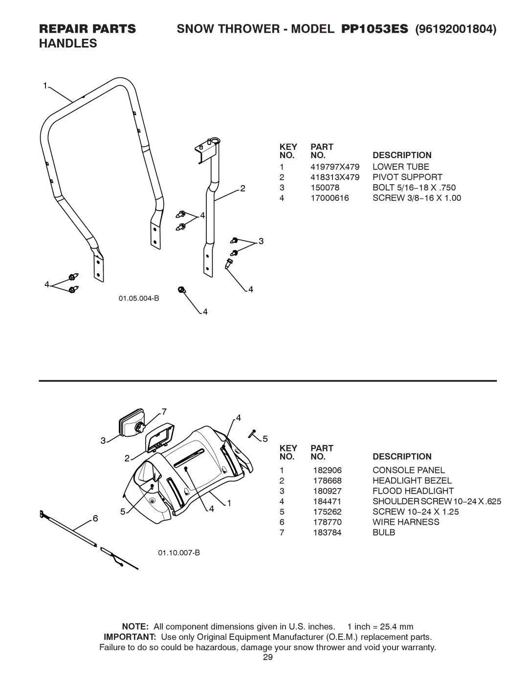 Poulan 421918, 96192001804 owner manual Part KEY Description 