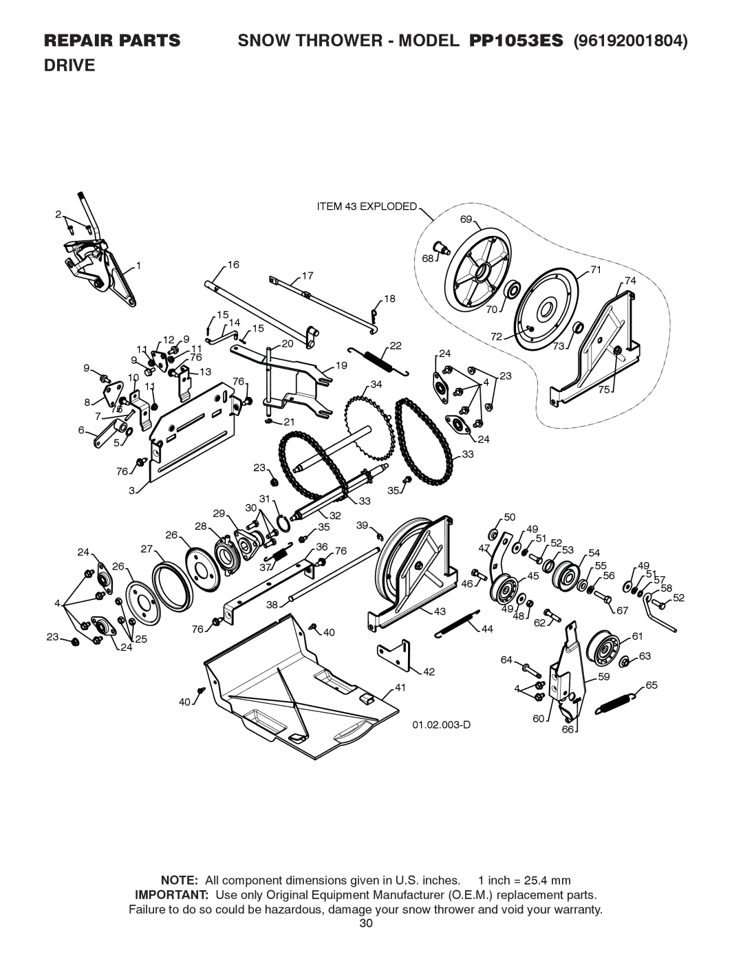 Poulan 96192001804, 421918 owner manual Repair Parts Snow Thrower Model PP1053ES Drive 