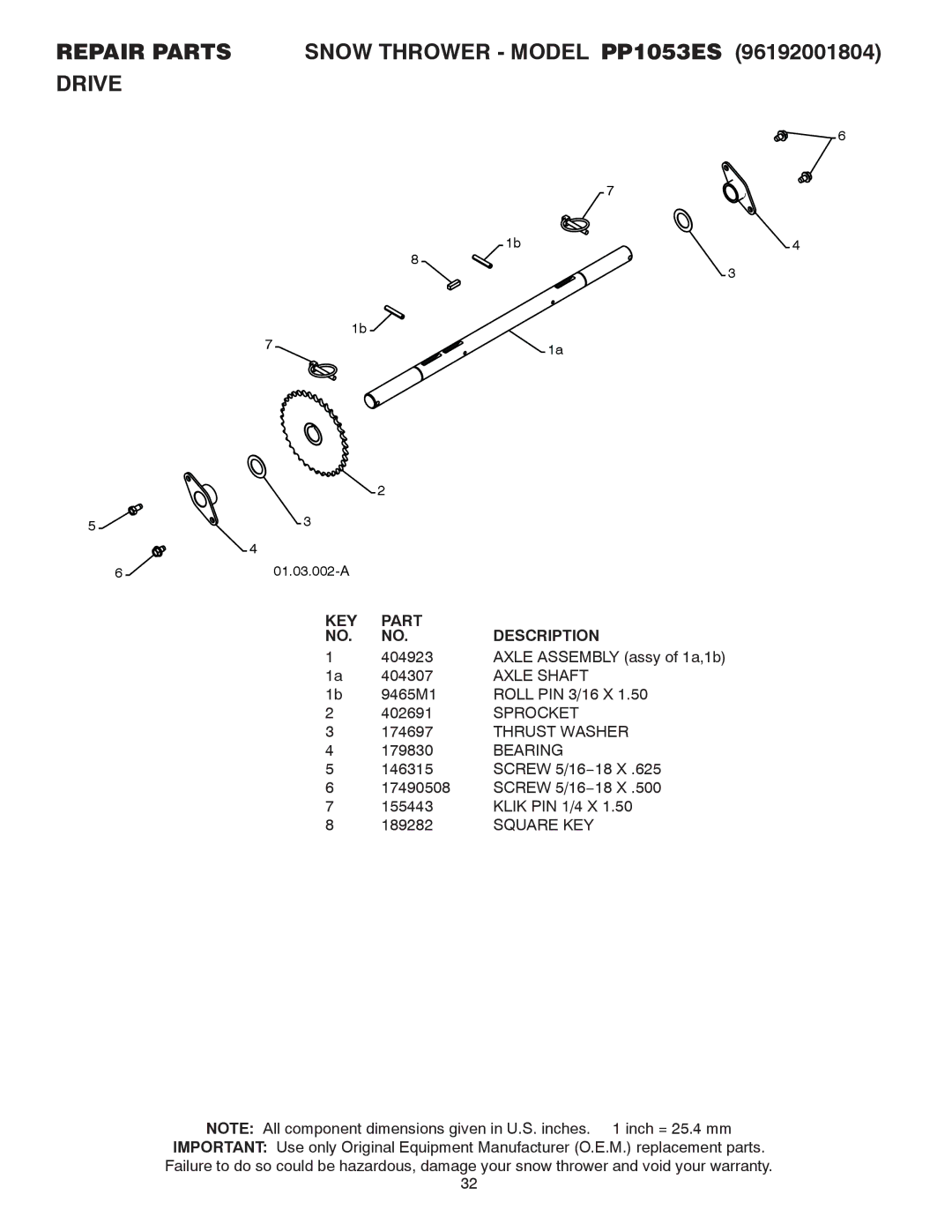 Poulan 96192001804, 421918 owner manual Axle Shaft, Sprocket 