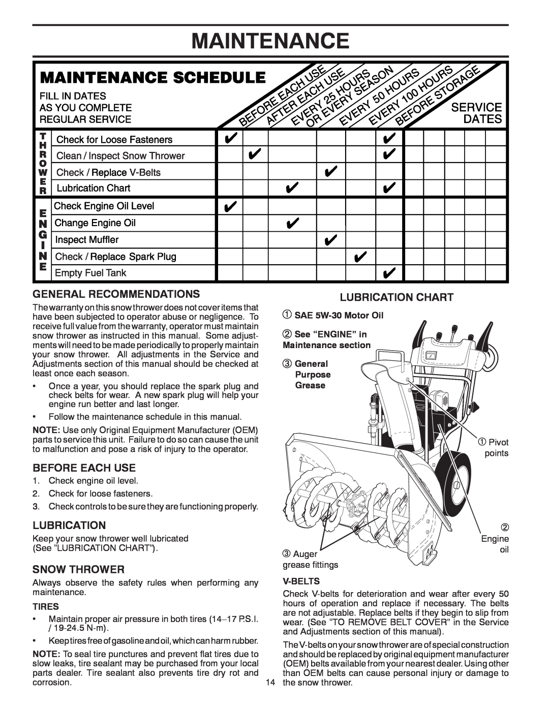 Poulan 96192001901 Maintenance, General Recommendations, Before Each Use, Snow Thrower, Lubrication Chart, Tires 