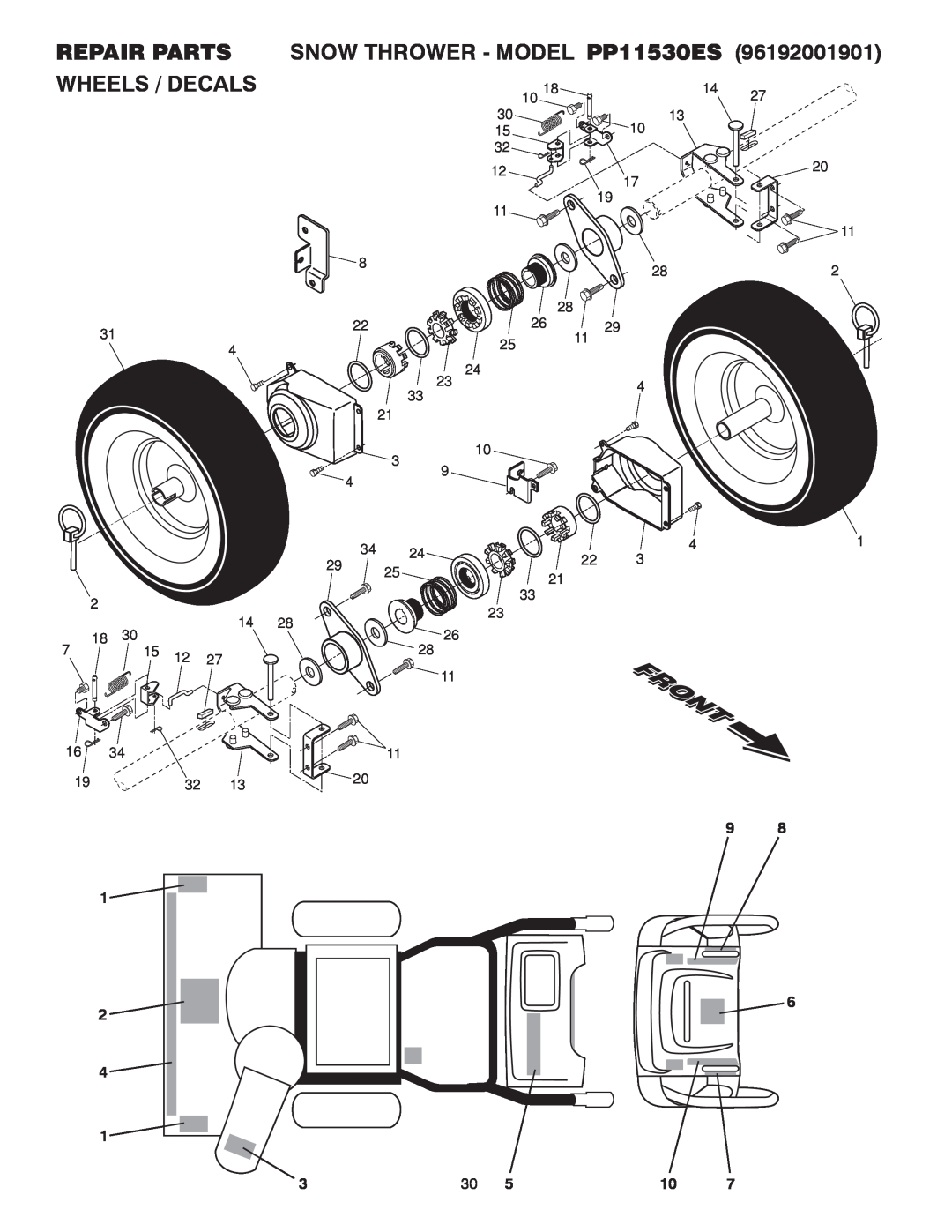Poulan 96192001901, 415153 owner manual Repair Parts, Wheels / Decals, SNOW THROWER - MODEL PP11530ES 