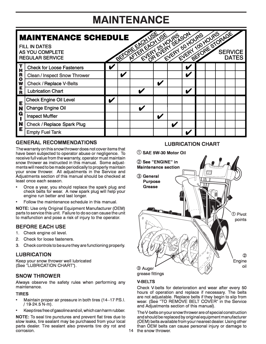 Poulan 96192001902 Maintenance, General Recommendations, Before Each Use, Snow Thrower, Lubrication Chart, Tires 