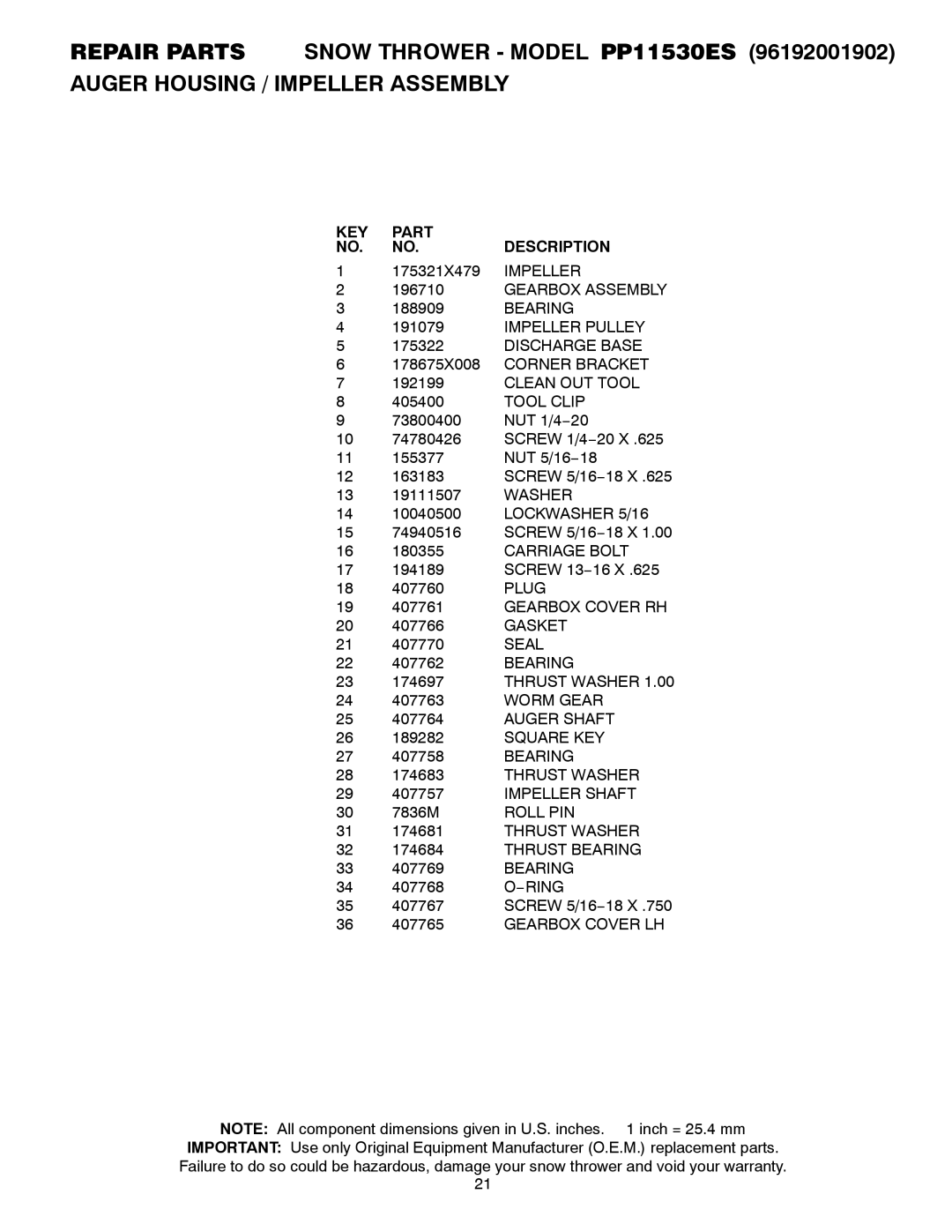 Poulan 420915, 96192001902 owner manual KEY Part Description 