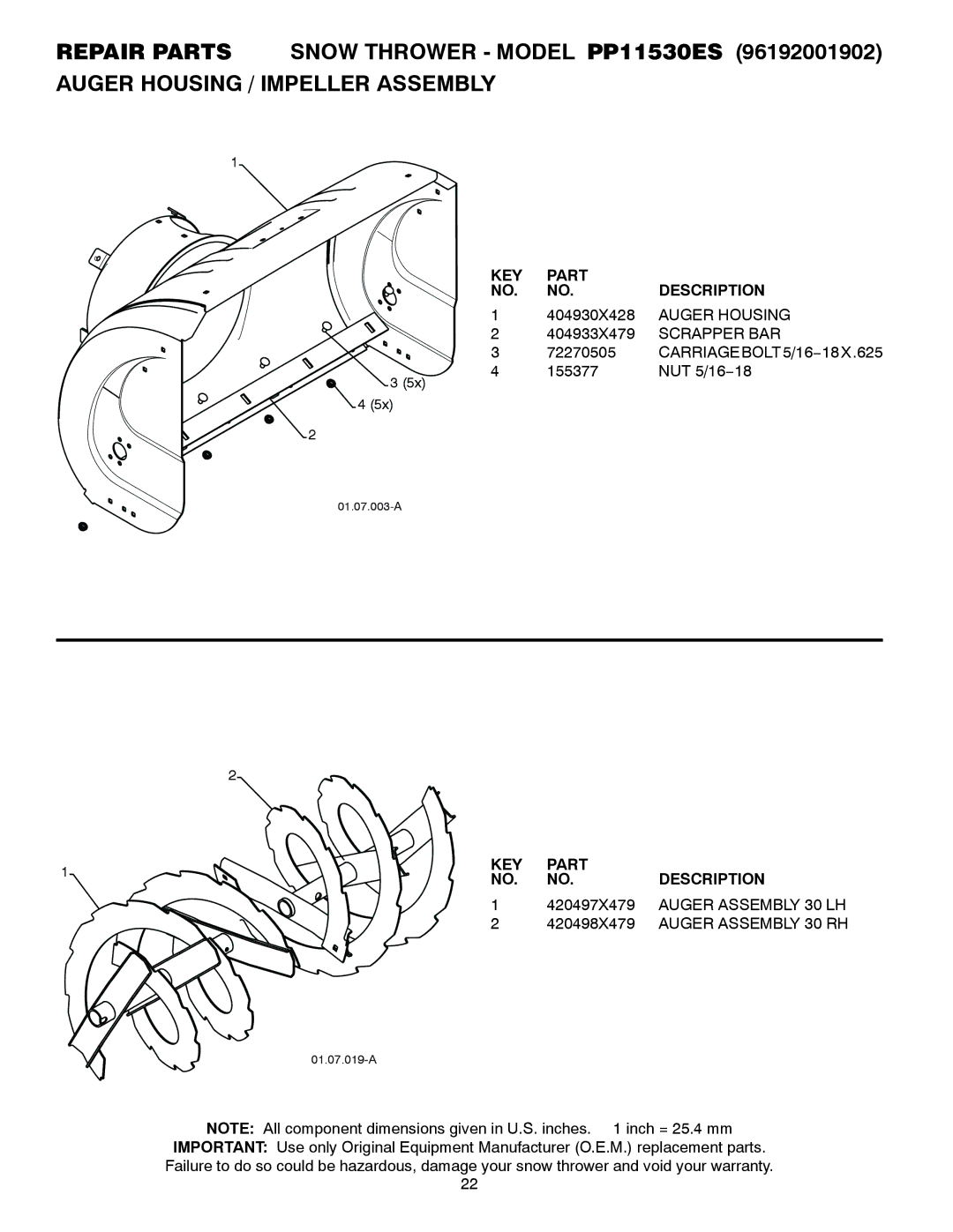 Poulan 96192001902 Auger Housing, Scrapper BAR, CARRIAGEBOLT5/16−18X.625, Auger Assembly 30 LH, Auger Assembly 30 RH 