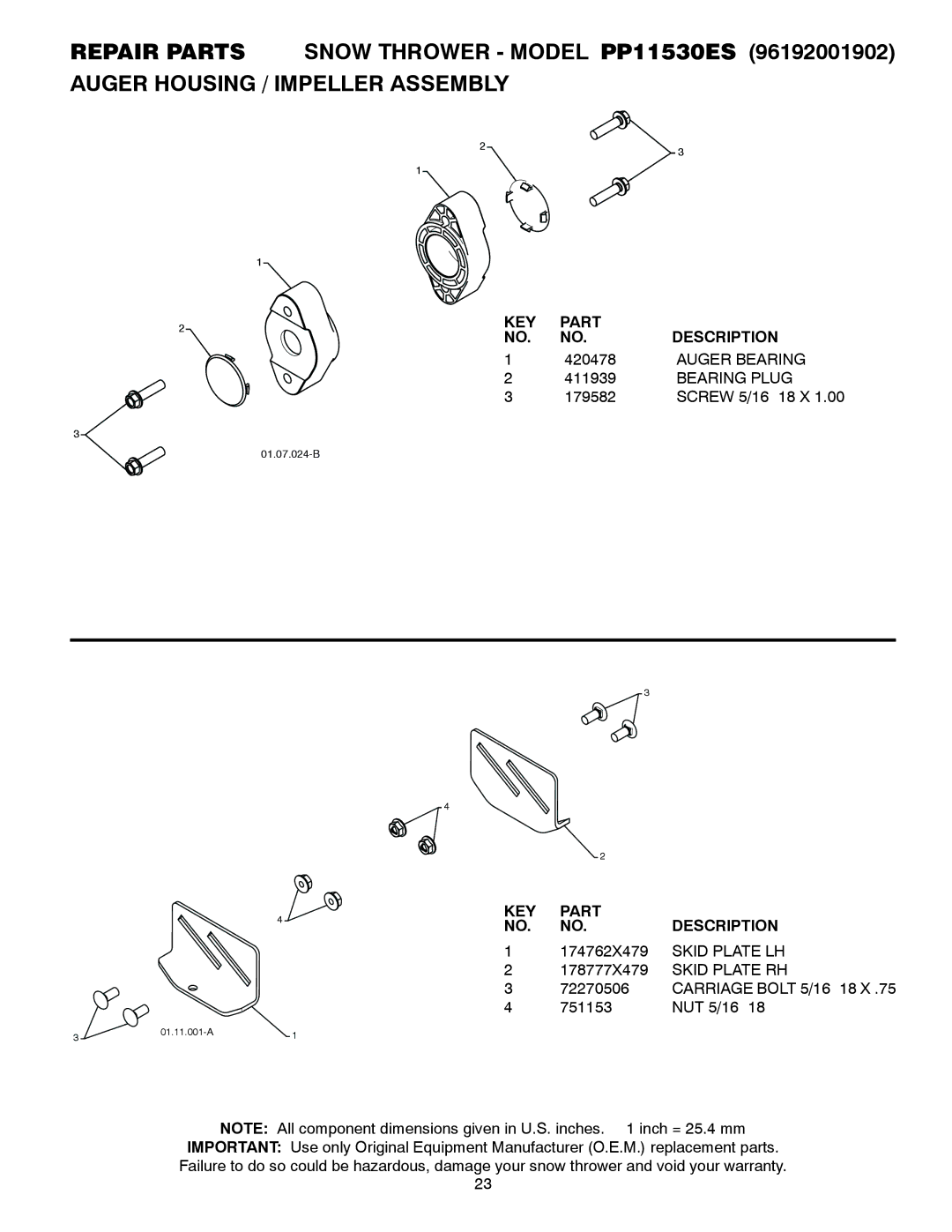 Poulan 420915, 96192001902 owner manual Auger Bearing, Bearing Plug 