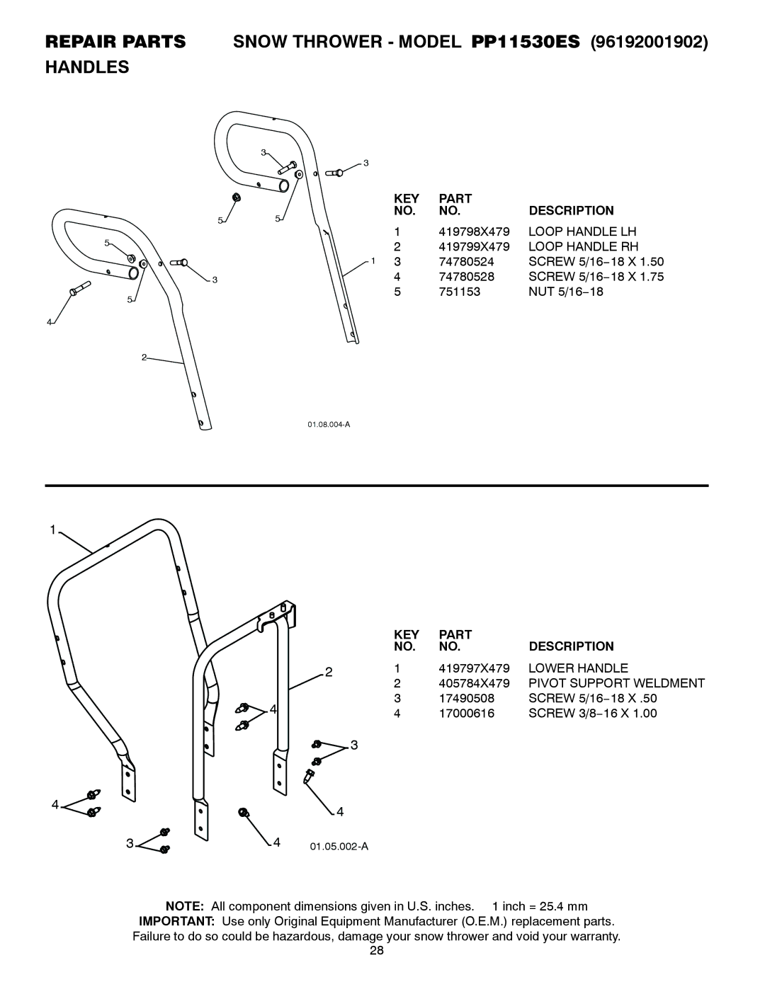 Poulan 96192001902, 420915 owner manual Loop Handle LH, Loop Handle RH, Lower Handle, Pivot Support Weldment 