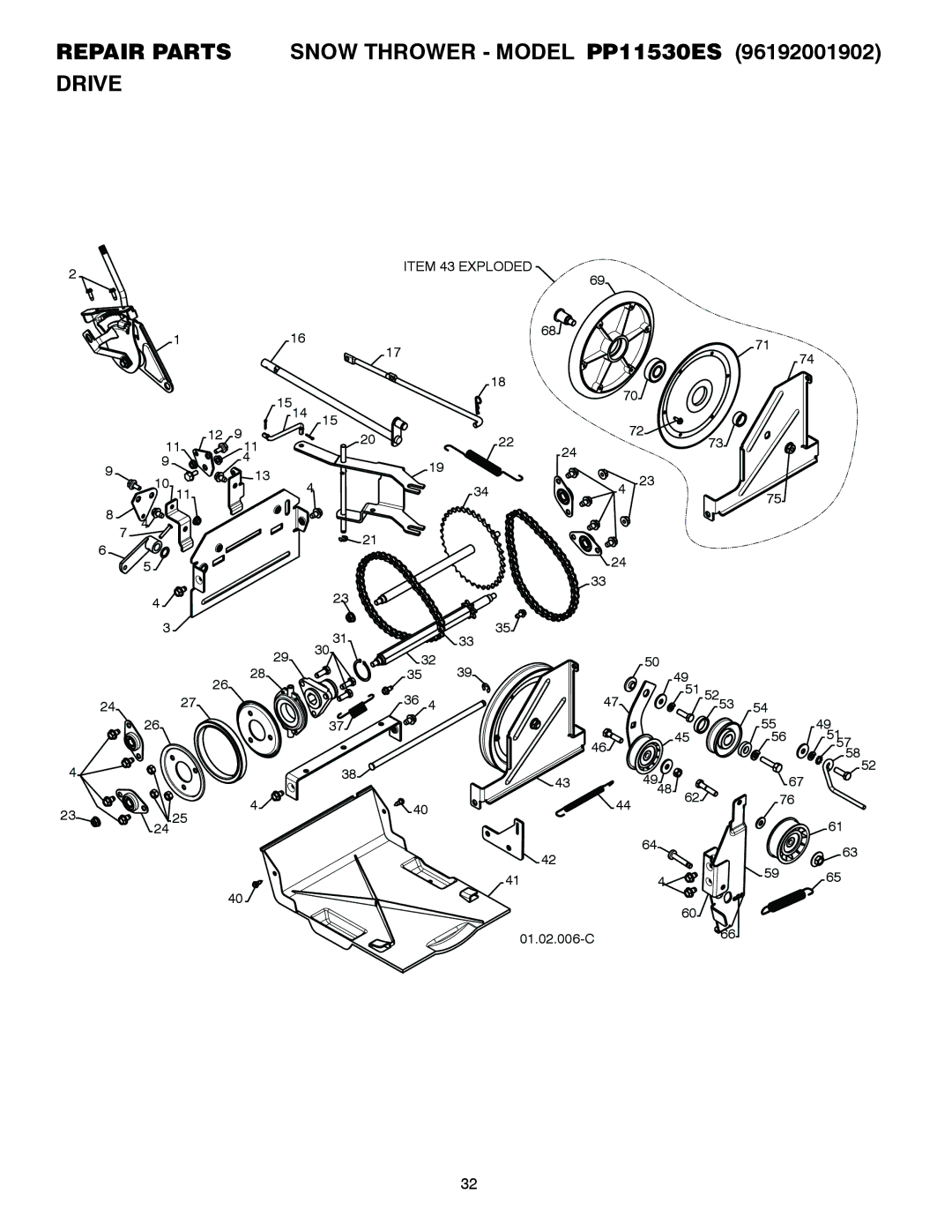 Poulan 96192001902, 420915 owner manual Repair Parts Snow Thrower Model PP11530ES Drive 