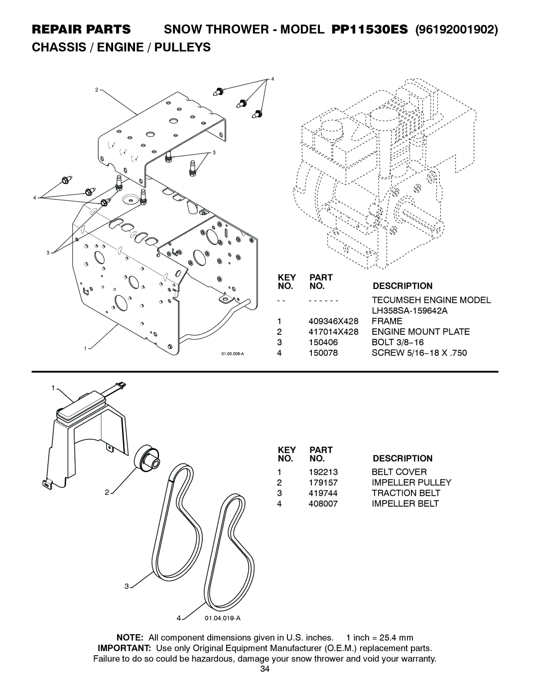 Poulan 96192001902, 420915 Tecumseh Engine Model, Frame, Engine Mount Plate, Belt Cover, Traction Belt, Impeller Belt 