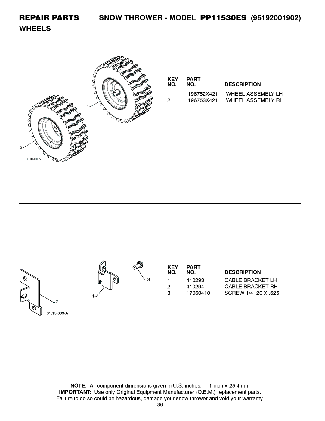 Poulan 96192001902, 420915 owner manual 196752X421, Wheel Assembly LH, 196753X421, Cable Bracket LH, Cable Bracket RH 