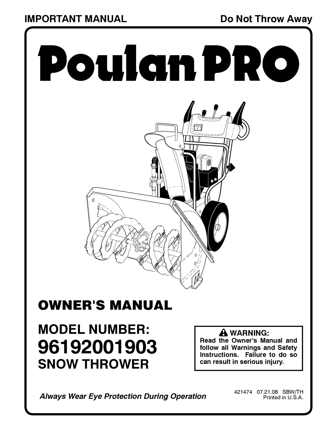 Poulan 421474, 96192001903 owner manual Model Number, Snow Thrower 