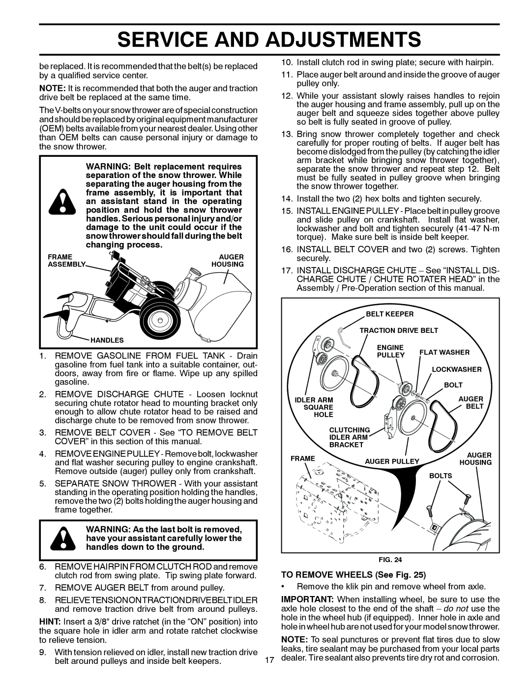 Poulan 421474, 96192001903 owner manual To Remove Wheels See Fig, Remove the klik pin and remove wheel from axle 