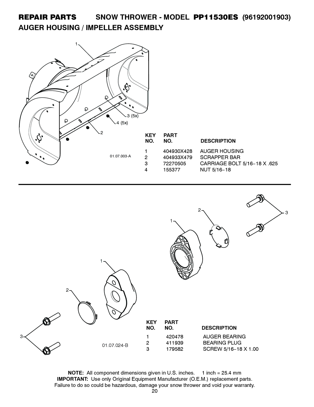 Poulan 96192001903, 421474 owner manual KEY Part Description, Auger Housing, Scrapper BAR, Auger Bearing, Bearing Plug 