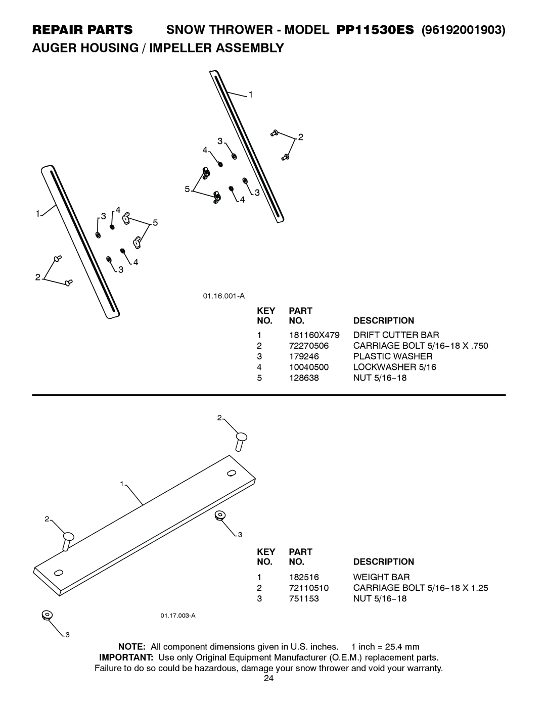 Poulan 96192001903, 421474 owner manual 181160X479 Drift Cutter BAR, Plastic Washer, Weight BAR 