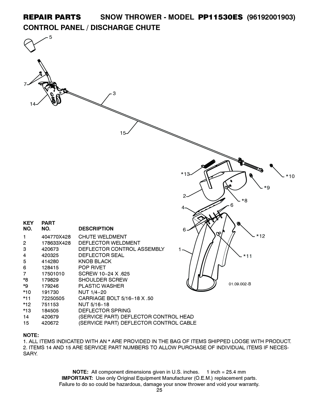 Poulan 421474 Chute Weldment, Deflector Weldment, Deflector Control Assembly, Deflector Seal, Knob Black, POP Rivet 