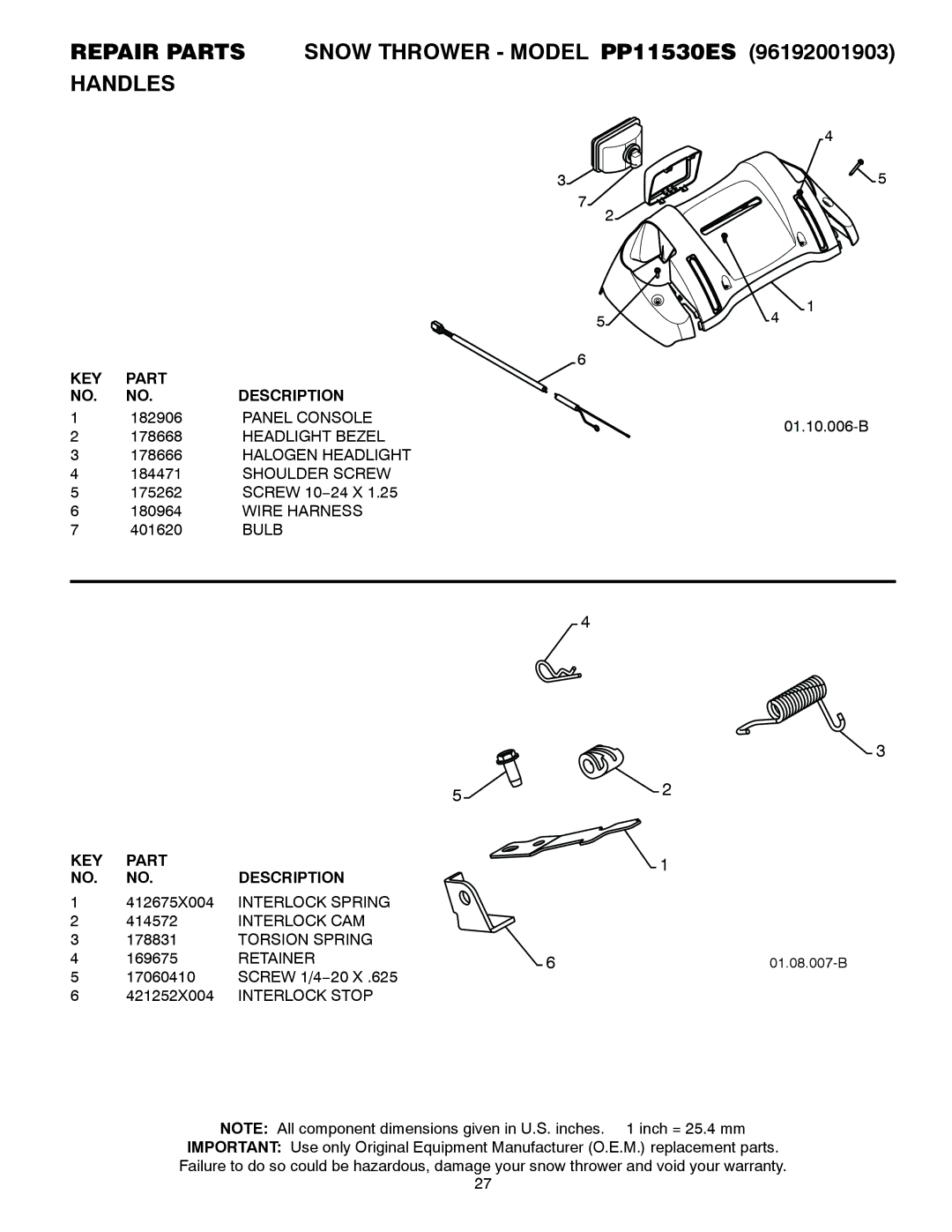 Poulan 421474, 96192001903 owner manual Repair Parts Snow Thrower Model PP11530ES Handles 