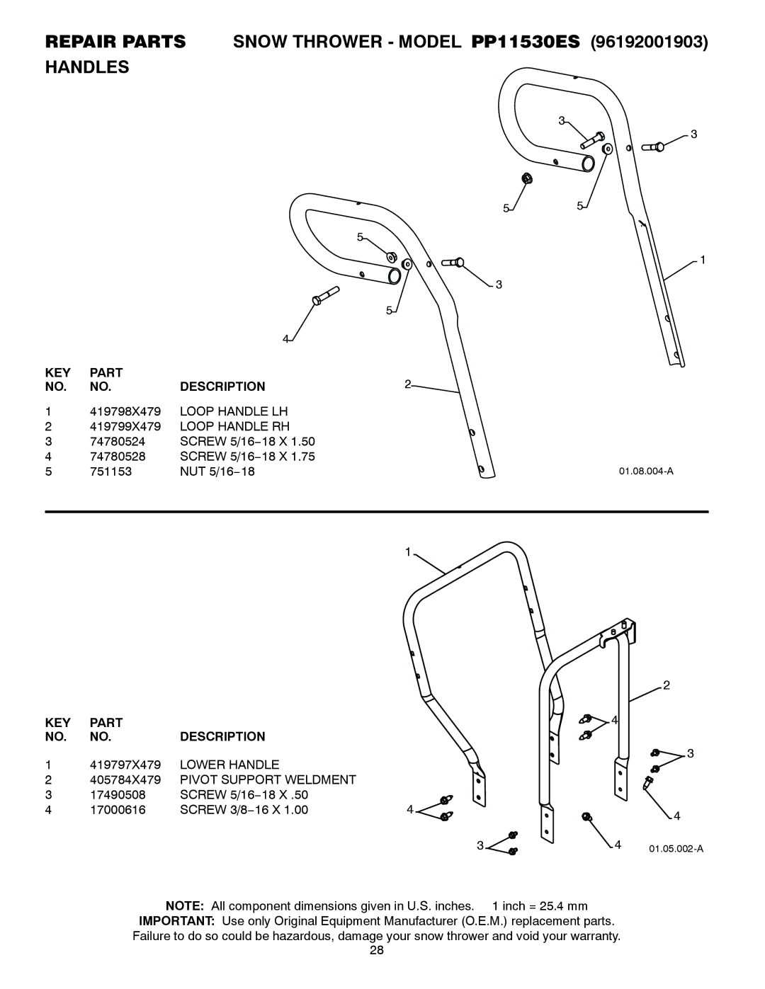 Poulan 96192001903, 421474 owner manual Loop Handle LH, Loop Handle RH, Lower Handle, Pivot Support Weldment 