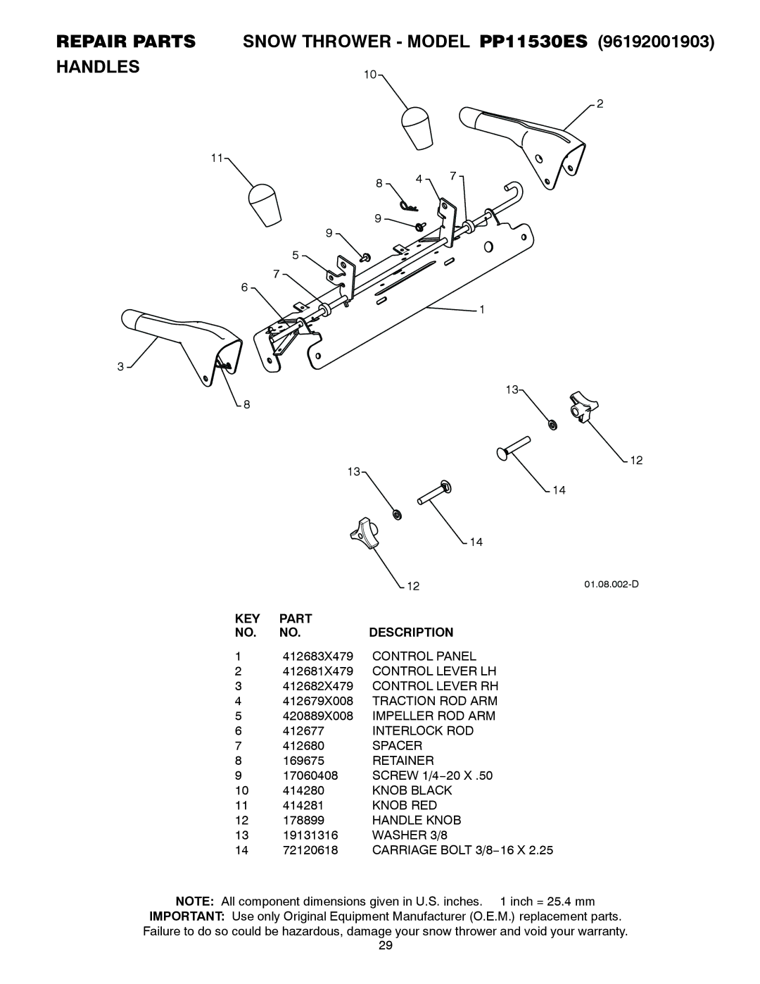 Poulan 421474, 96192001903 owner manual Spacer, Knob RED, Handle Knob, Washer 3/8 