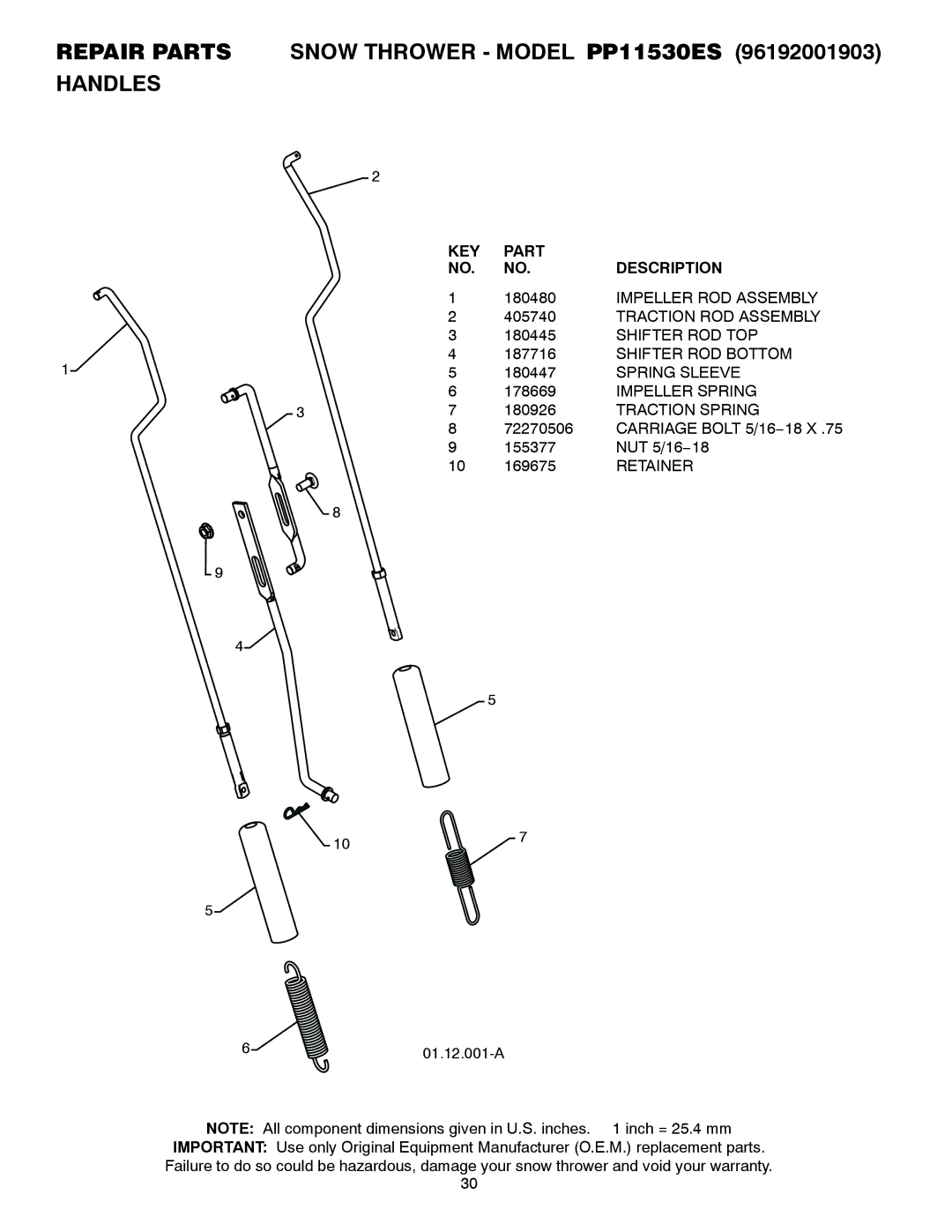 Poulan 96192001903, 421474 owner manual Carriage Bolt 5/16−18 X 155377 NUT 5/16−18 169675 