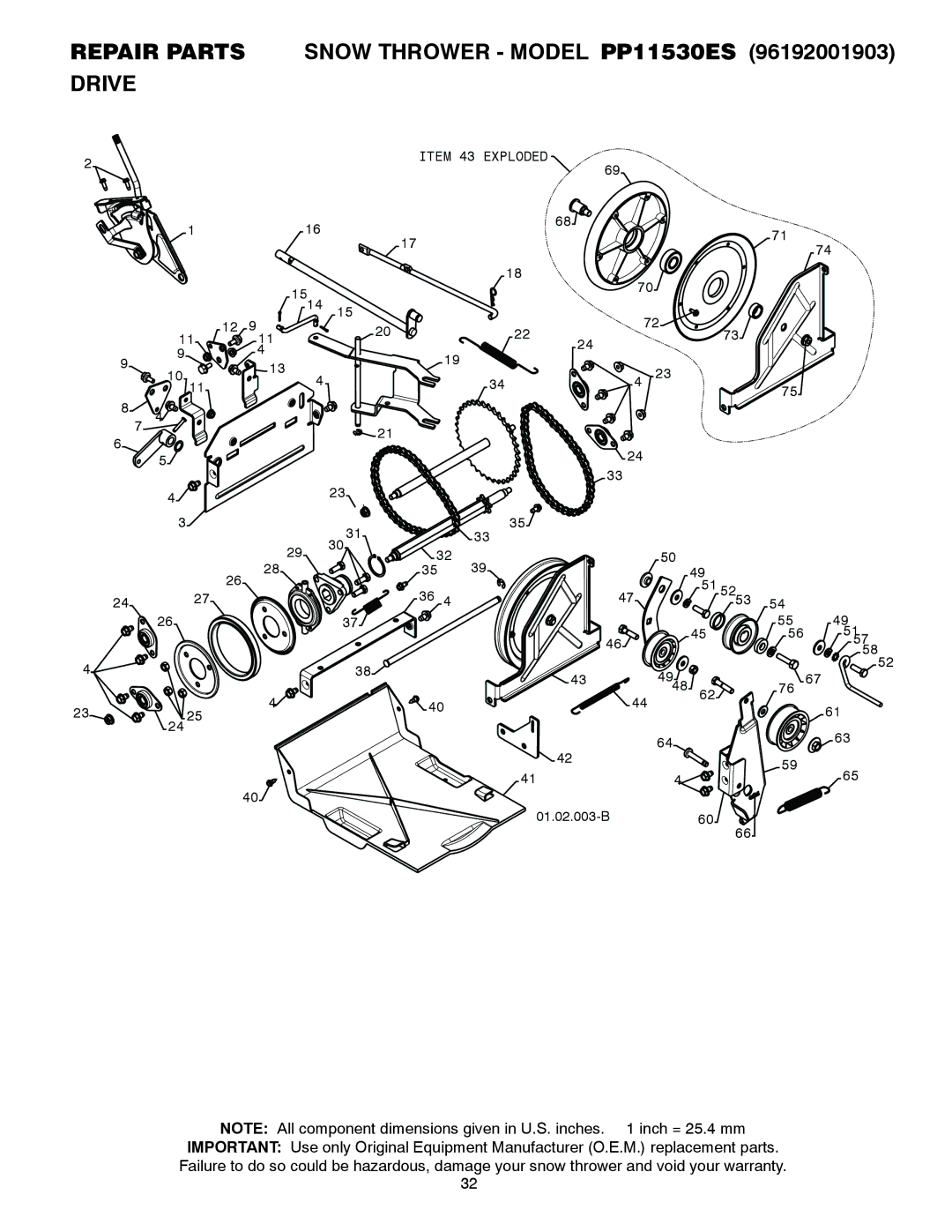 Poulan 96192001903, 421474 owner manual Item 43 Exploded 