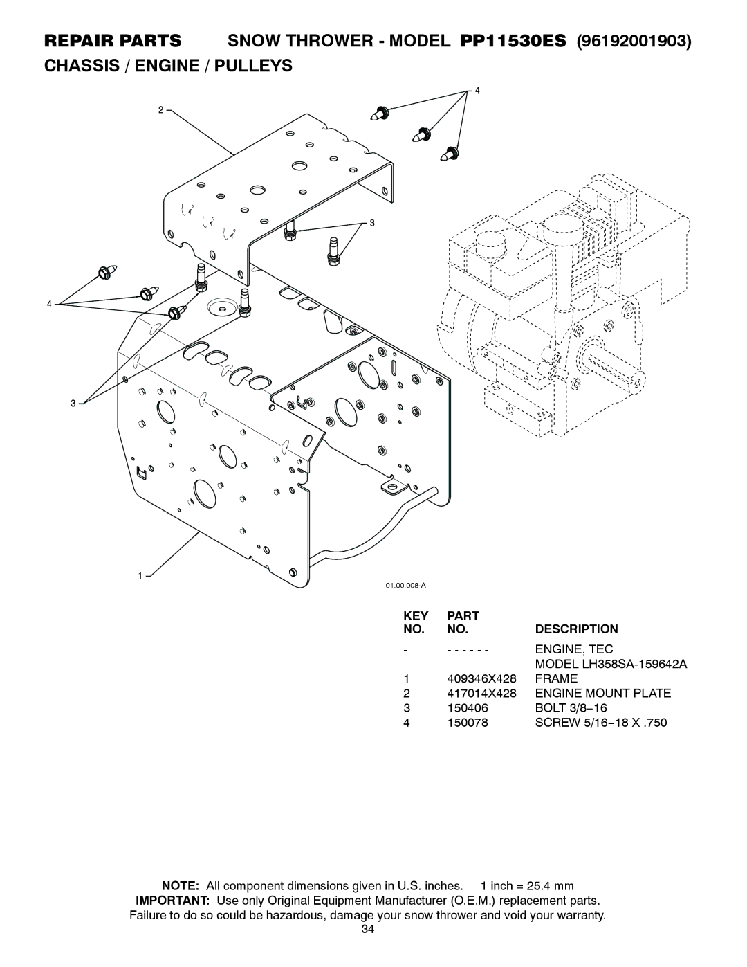 Poulan 96192001903, 421474 owner manual Engine, Tec, Frame, Engine Mount Plate 