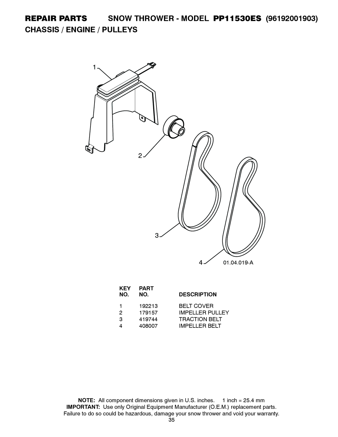 Poulan 421474, 96192001903 owner manual Belt Cover, Traction Belt, Impeller Belt 