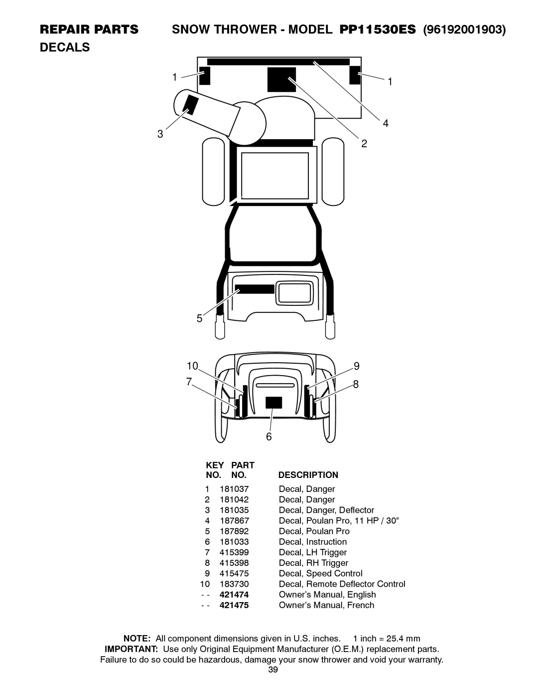 Poulan 96192001903 owner manual Repair Parts Snow Thrower Model PP11530ES Decals, 421474 421475 