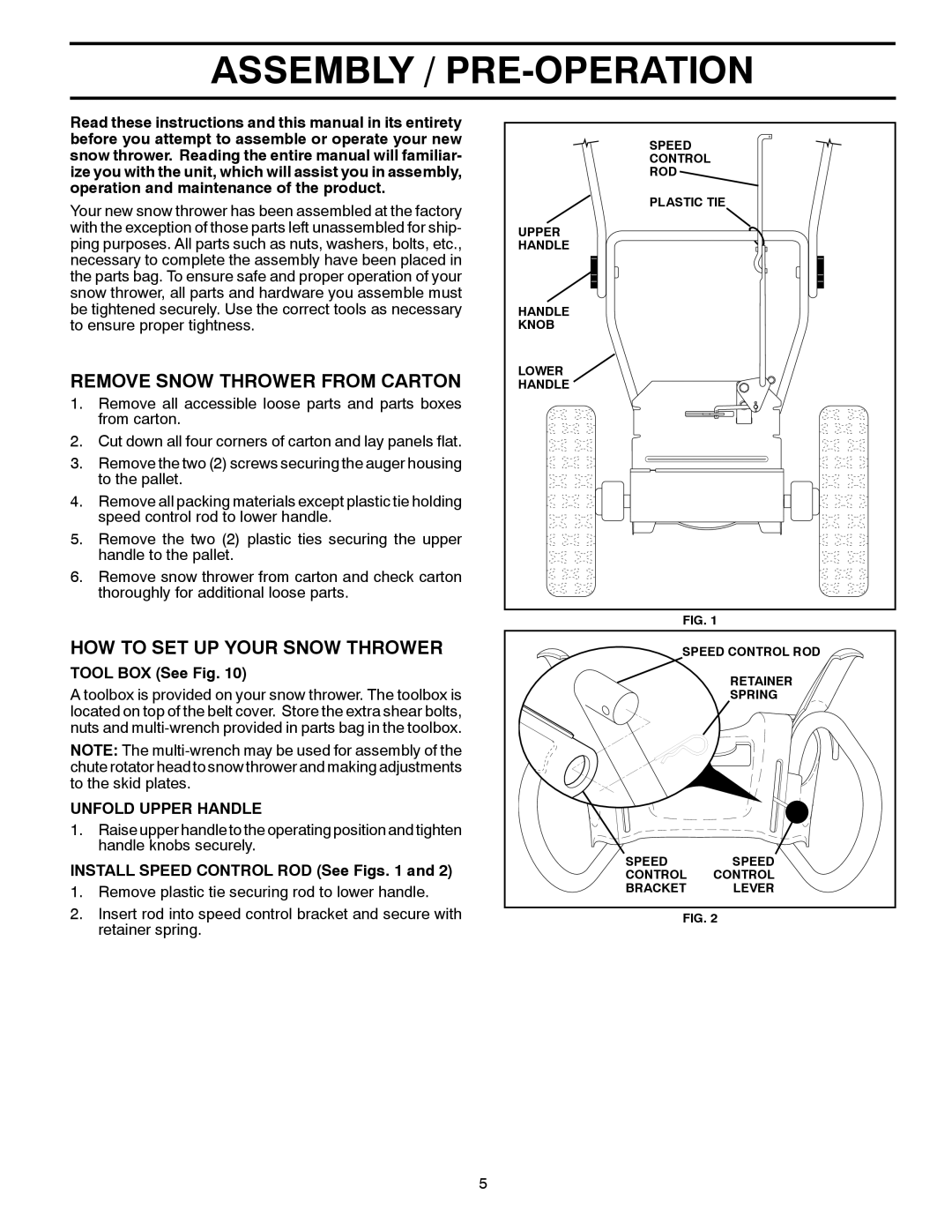 Poulan 421474, 96192001903 Assembly / PRE-OPERATION, Remove Snow Thrower from Carton, HOW to SET UP Your Snow Thrower 