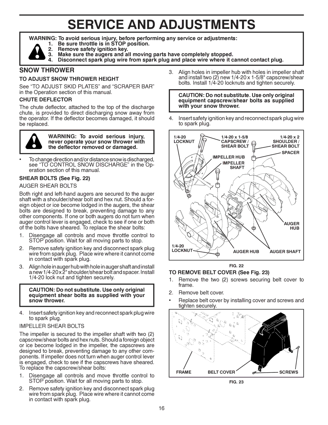 Poulan 96192001904, 421895 Service and Adjustments, To Adjust Snow Thrower Height, Chute Deflector, Shear Bolts See Fig 