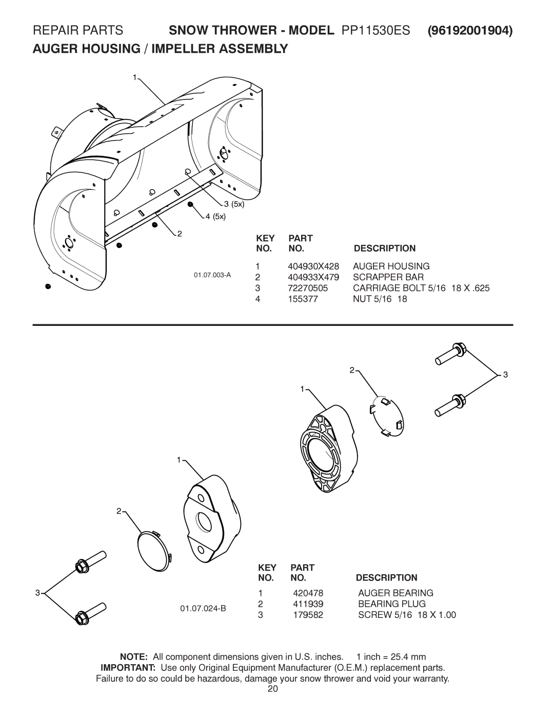 Poulan 96192001904, 421895 owner manual KEY Part Description, Auger Housing, Scrapper BAR, Auger Bearing, Bearing Plug 