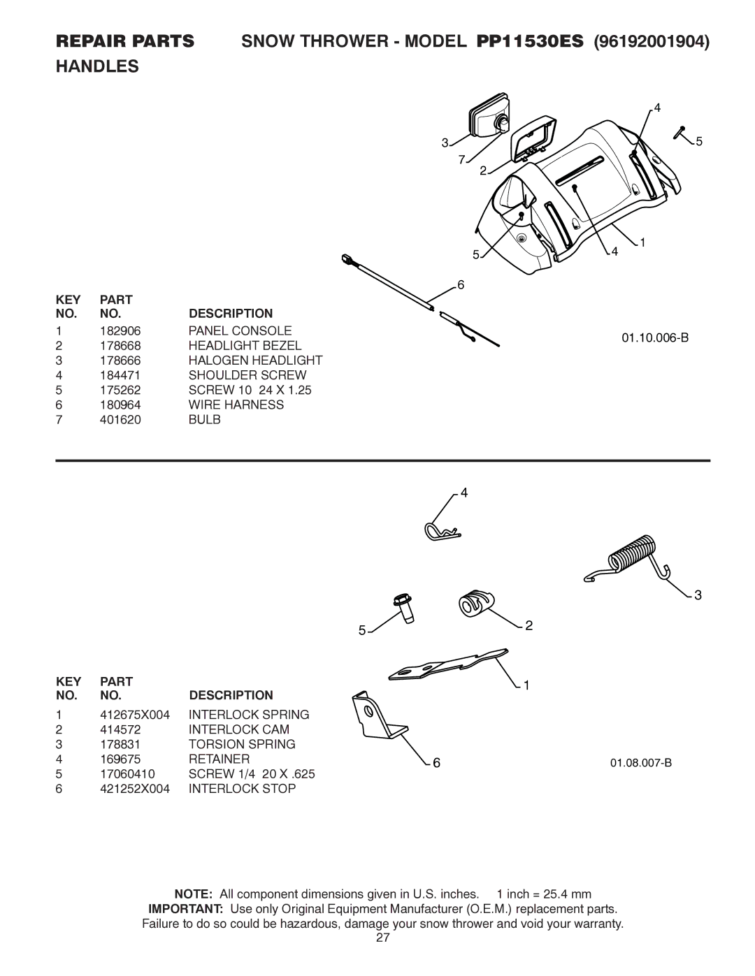 Poulan 421895, 96192001904 owner manual Repair Parts Snow Thrower Model PP11530ES Handles 