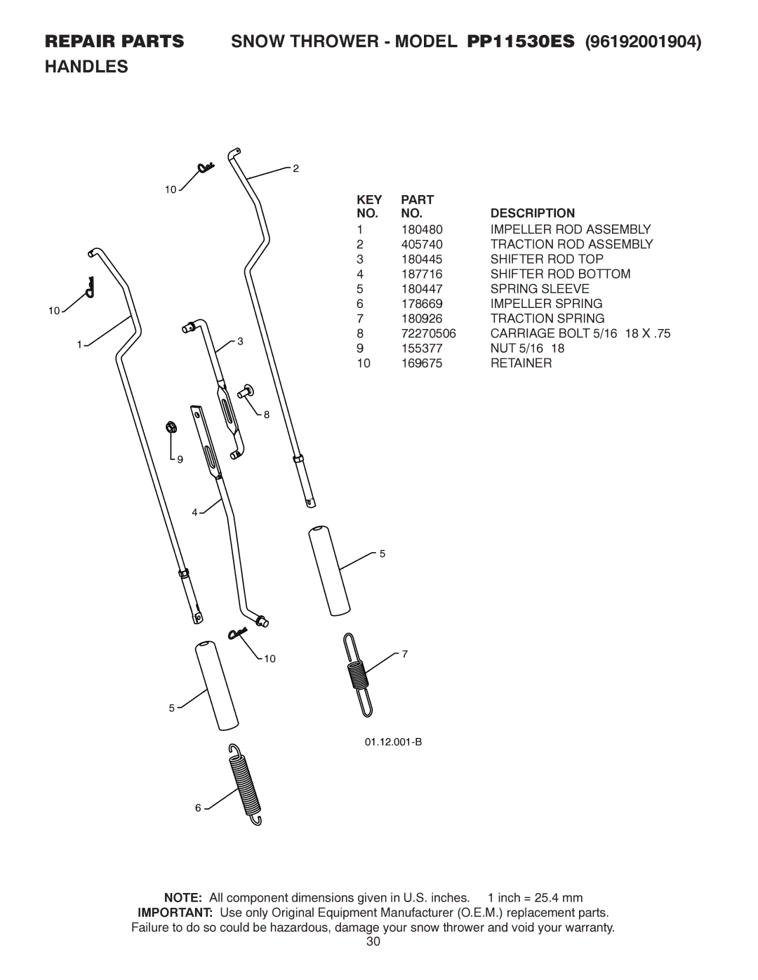 Poulan 96192001904, 421895 owner manual Carriage Bolt 5/16−18 X 155377 NUT 5/16−18 169675 