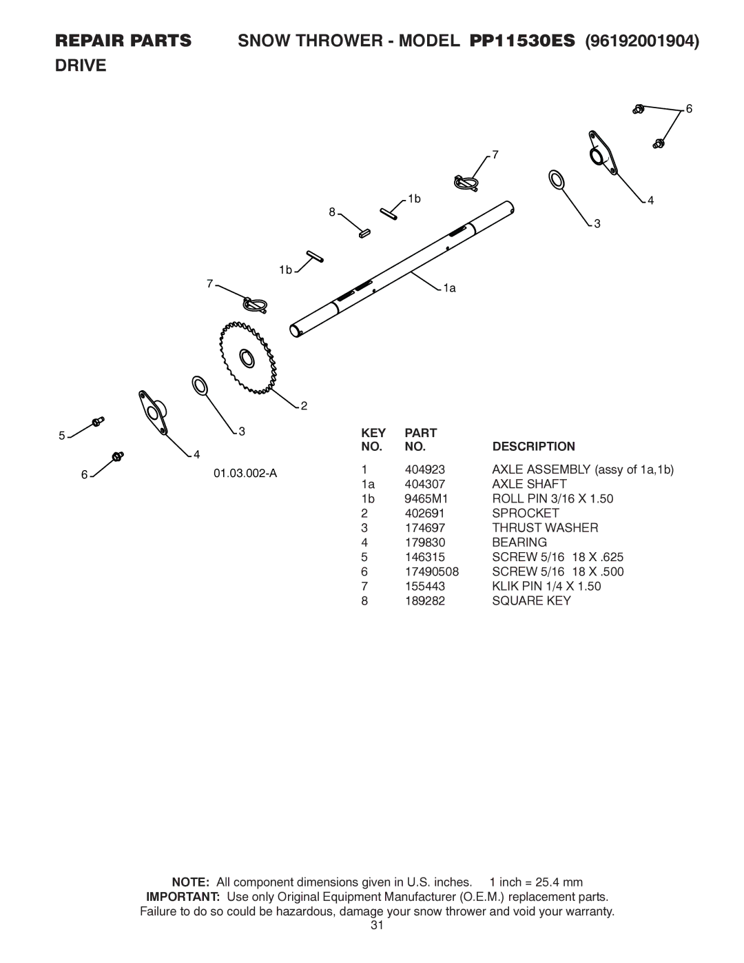 Poulan 421895, 96192001904 owner manual Drive, Axle Shaft, Sprocket 