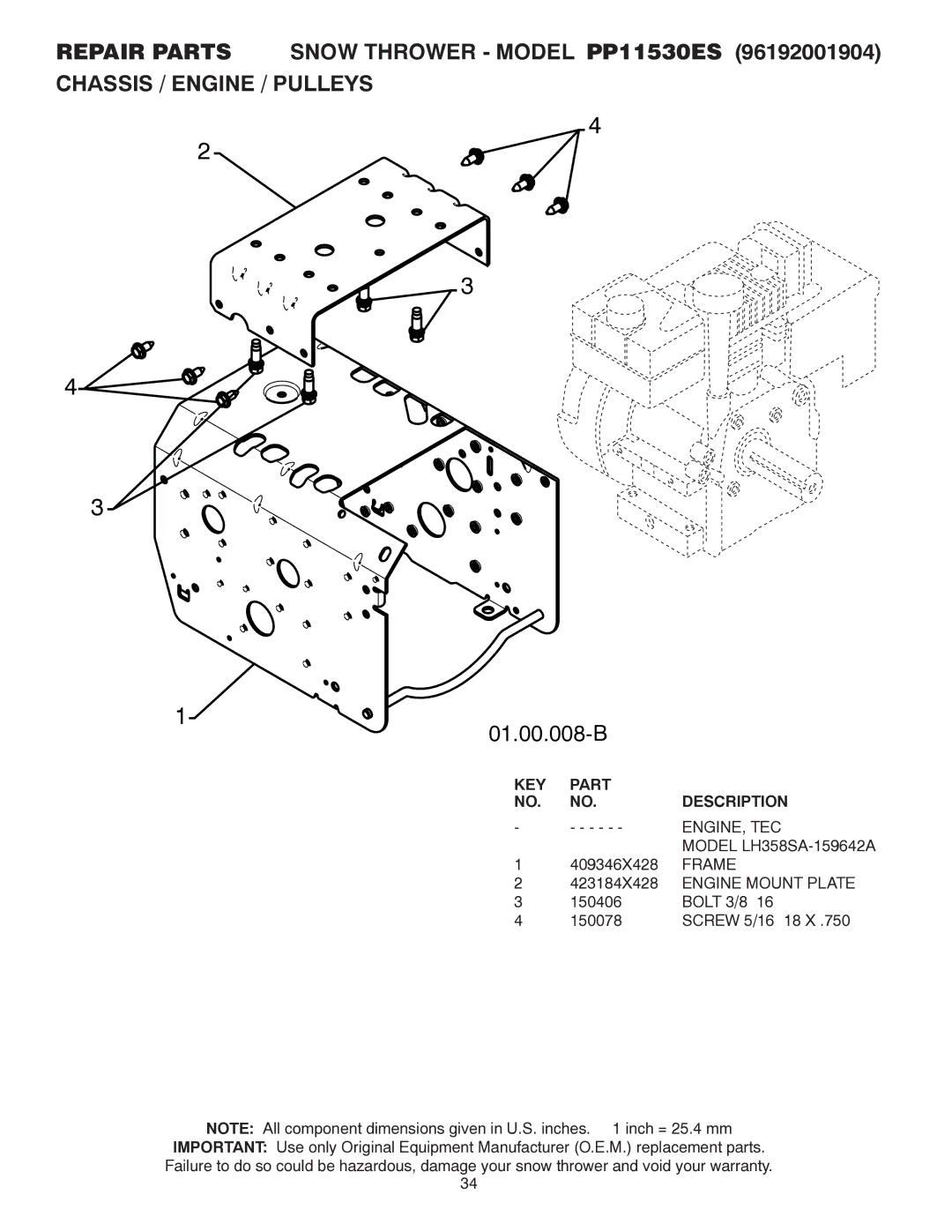 Poulan 96192001904, 421895 owner manual Engine, Tec, Frame, Engine Mount Plate 